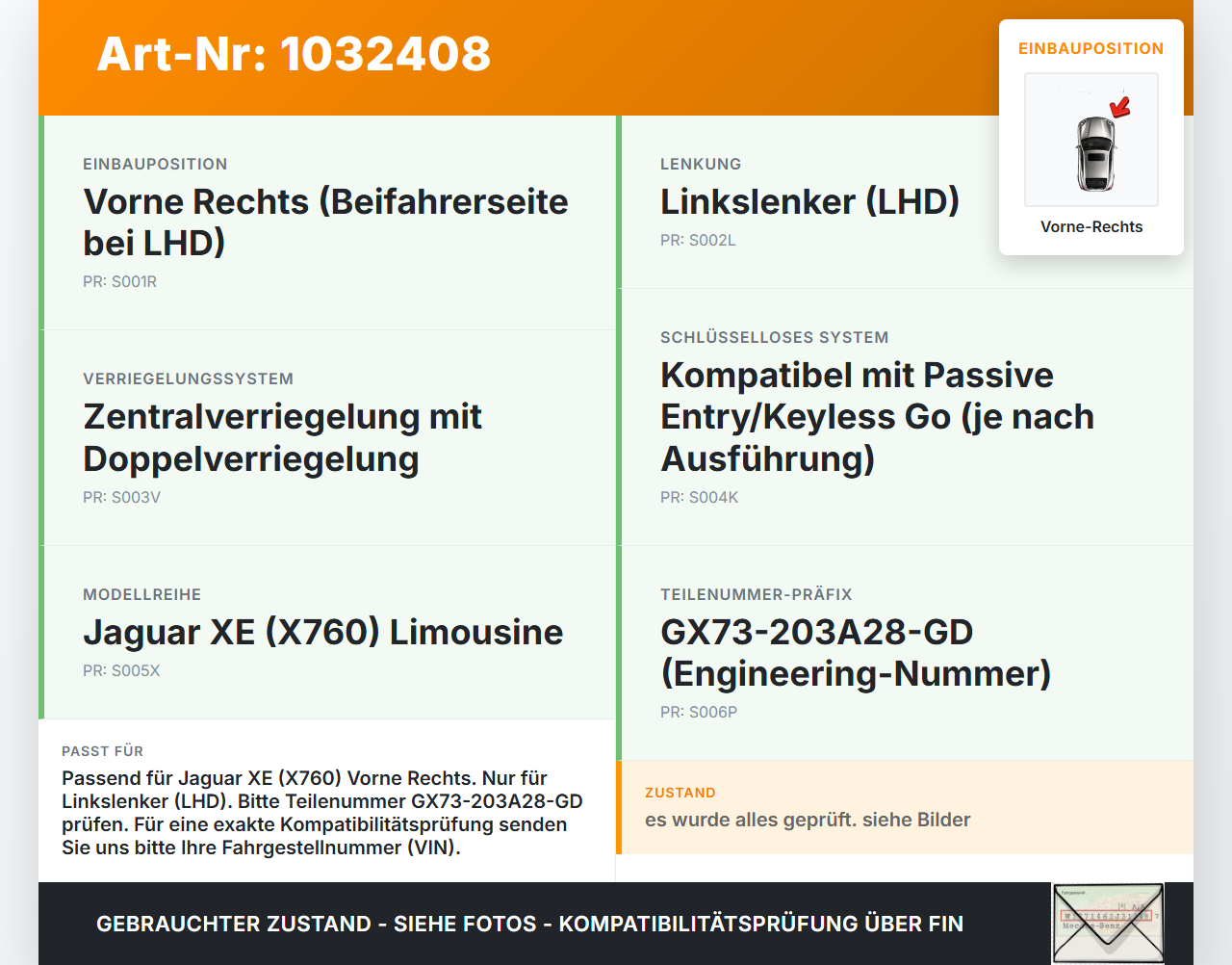 Jaguar XE X760 15-19 Lim Türschloss Stellmotor Vorne Rechts Jaguar XE X760 15-19 26.08.2018 GX73-203A28-GD... Vorschau 3