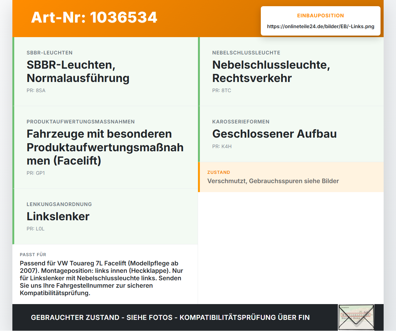 VW Touareg 7L 06-10 Rückleuchte Rücklicht Heckleuchte für Heckklappe Links orig dunkel VW Touareg 7L 06-10... Vorschau 3