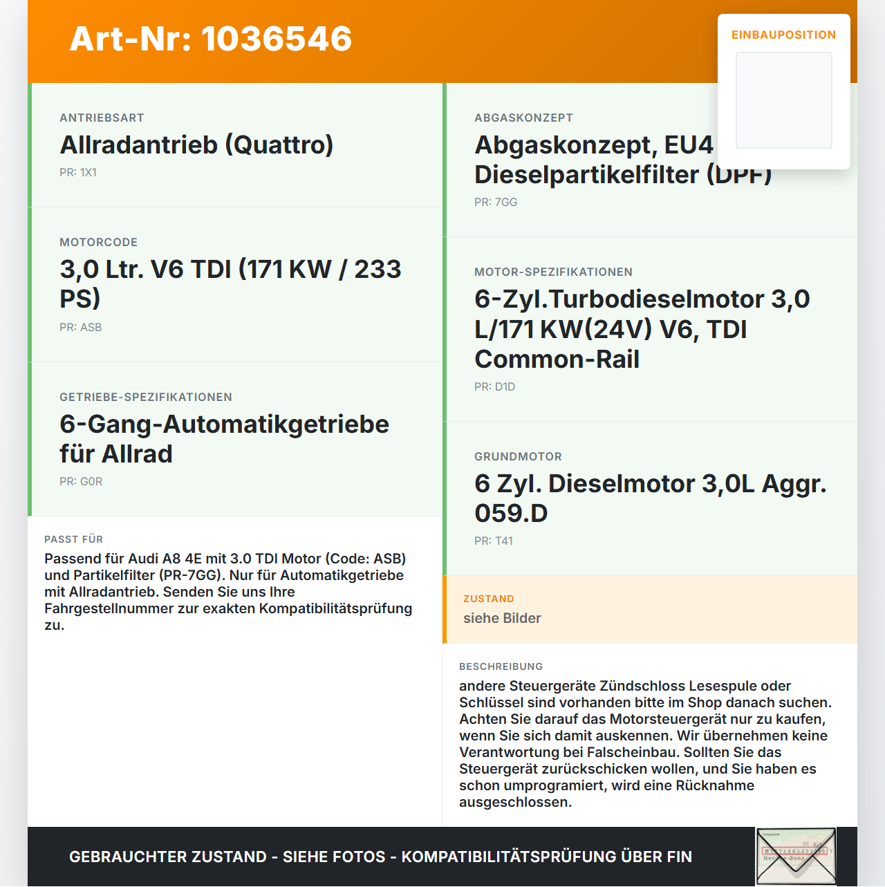 Audi A8 4E 05-08 TDI 3,0 155KW Steuergerät ECU für Motor Motorsteuergerät Audi A8 4E 05-08 17.05.2006 f4E0990990C... Vorschau 3