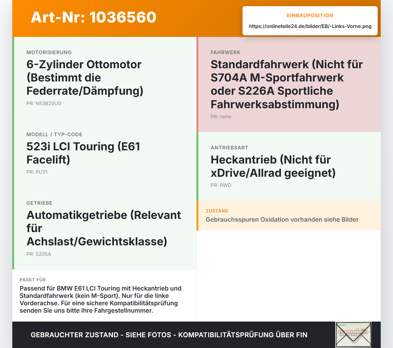 BMW 5er E61 LCI 07-10 Kombi Federbein Stossdämpfer Vorne Links BMW 5er E61 LCI 07-10 30.06.2009 6768795 31316768795... Vorschau 3