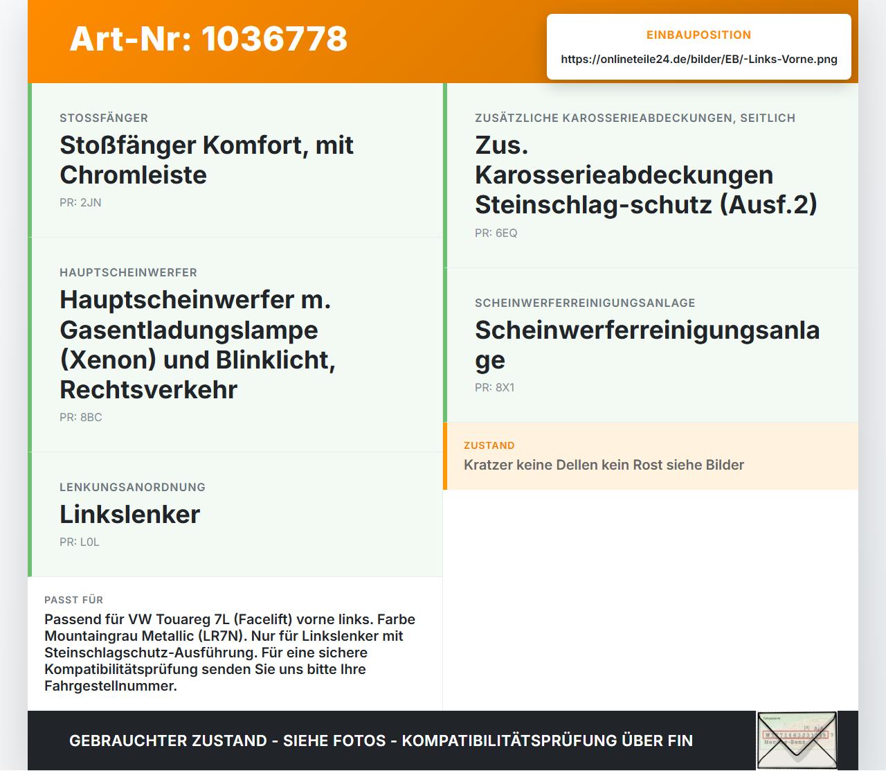 VW Touareg 7L 06-10 Kotflügel Links Vorne LR7N VW Touareg 7L 06-10 18.05.2007 7L6821101P gebraucht Vorschau 3