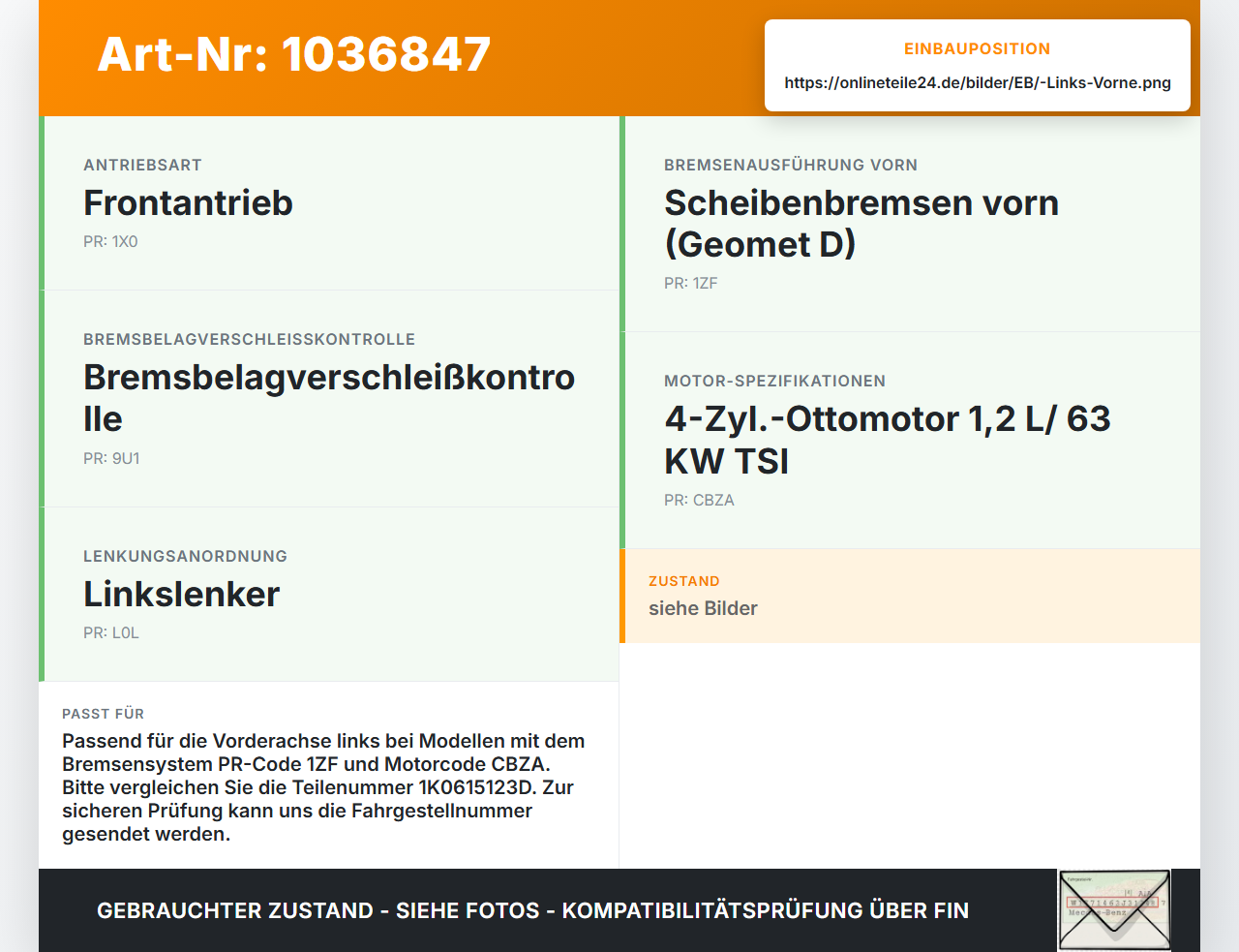 VW Golf VI 5K 08-12 TSI 1,2 63KW Bremssattel Bremszange Vorne Links VW Golf VI 5K 08-12 26.01.2012 1K0615123D gebraucht Vorschau 3
