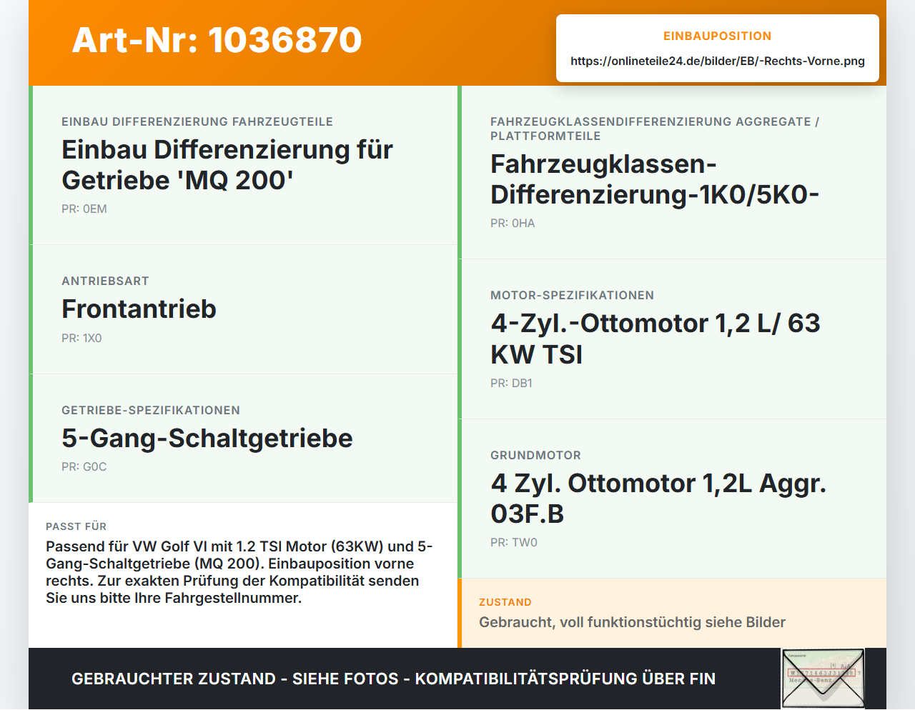 VW Golf VI 5K 08-12 TSI 1,2 63KW Antriebswelle Gelenkwelle Rechts Vorne VW Golf VI 5K 08-12 26.01.2012 1K0407272NN... Vorschau 3