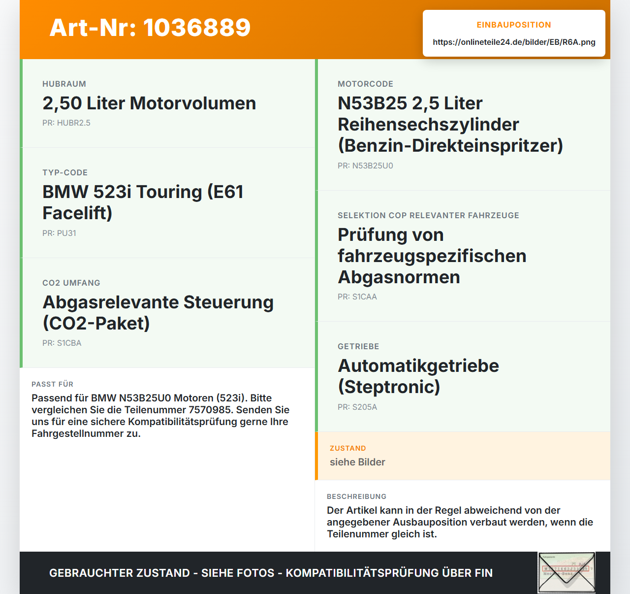 BMW 5er E61 LCI 07-10 3,0 200KW N53B25U0 Kolben mit Pleuel Pos A BMW 5er E61 LCI 07-10 30.06.2009 1125-7570985... Vorschau 3
