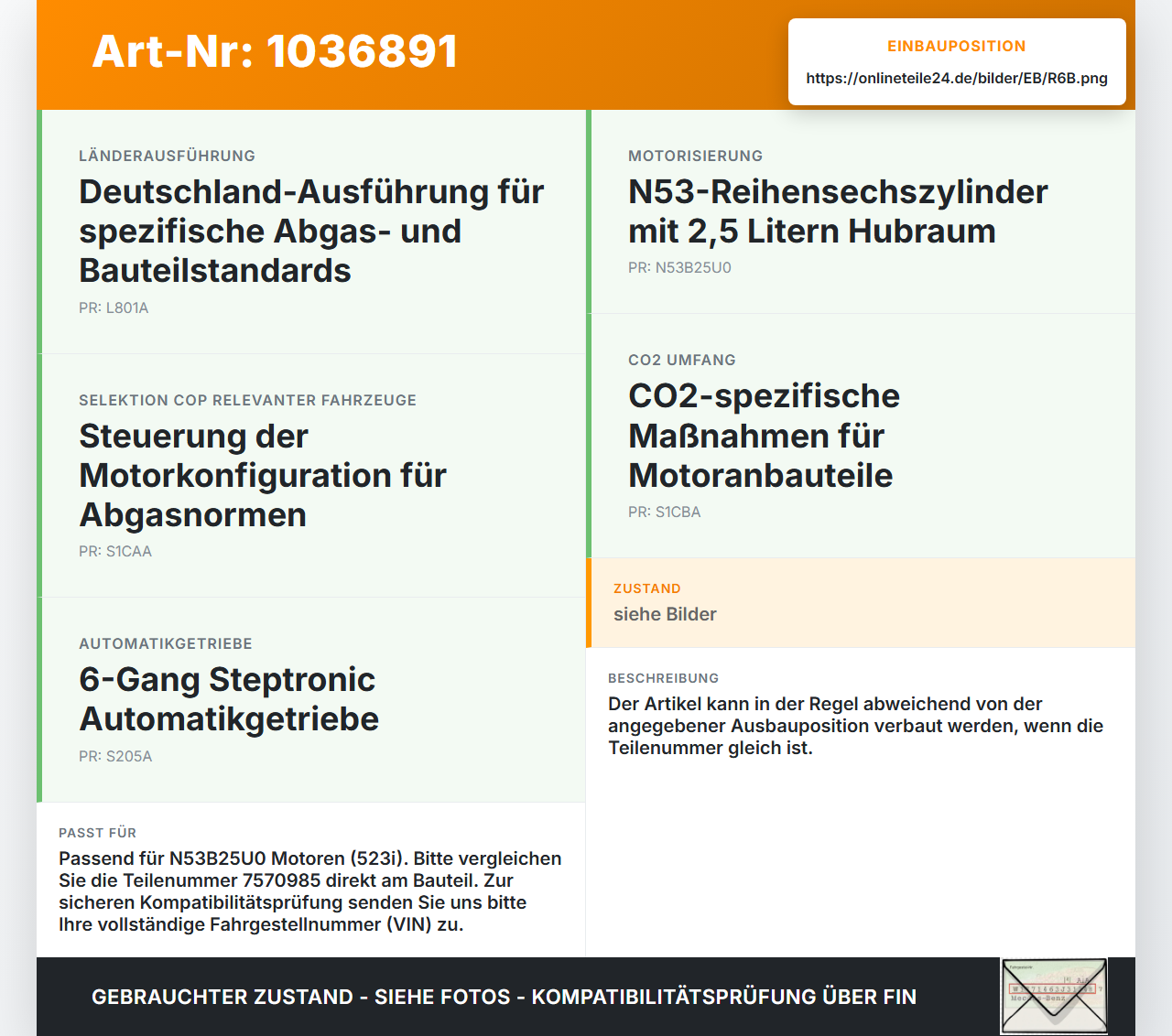 BMW 5er E61 LCI 07-10 3,0 200KW N53B25U0 Kolben mit Pleuel Pos B BMW 5er E61 LCI 07-10 30.06.2009 1125-7570985... Vorschau 3