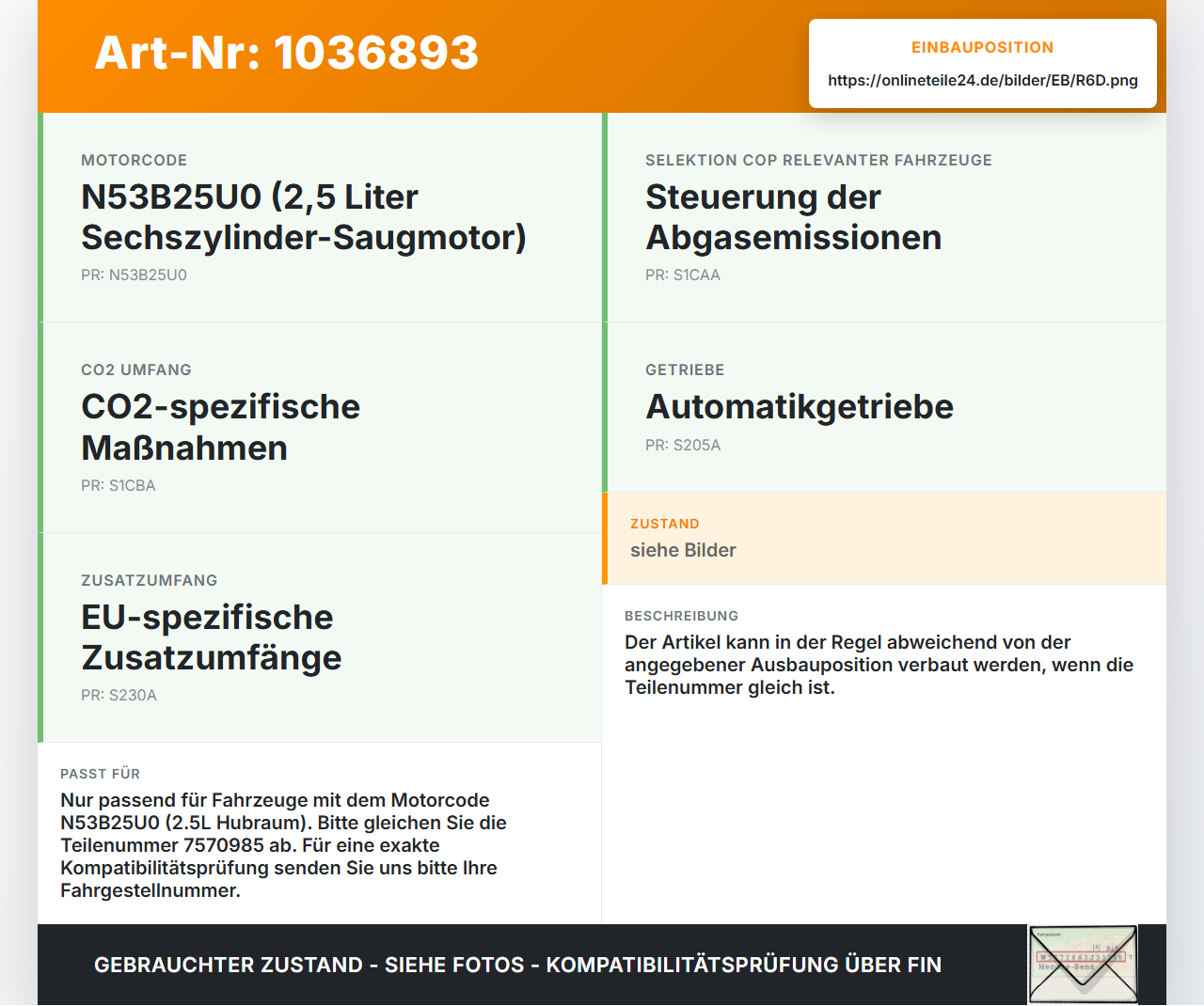 BMW 5er E61 LCI 07-10 3,0 200KW N53B25U0 Kolben mit Pleuel Pos D BMW 5er E61 LCI 07-10 30.06.2009 1125-7570985... Vorschau 3