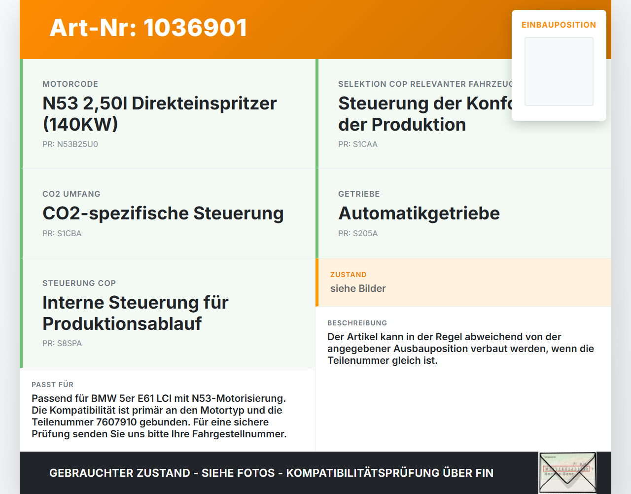 BMW 5er E61 LCI 07-10 3,0 200KW Sensor Level Ölstandsensor Ölsensor BMW 5er E61 LCI 07-10 30.06.2009 7607910... Vorschau 3