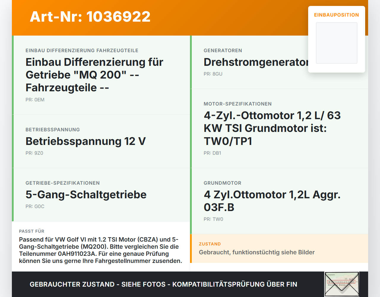 VW Golf VI 5K 08-12 TSI 1,2 63KW Anlasser Starter VW Golf VI 5K 08-12 26.01.2012 0AH911023A 0001120410 gebraucht Vorschau 3
