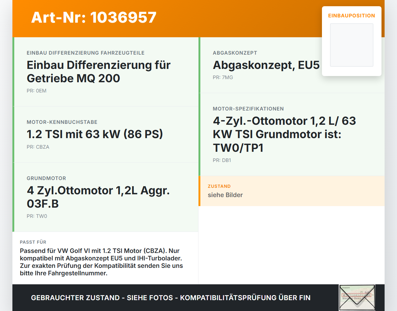 VW Golf VI 5K 08-12 TSI 1,2 63KW CBZA Turbolader Turbo Abgasturbolader VW Golf VI 5K 08-12 26.01.2012 03F145701R... Vorschau 3