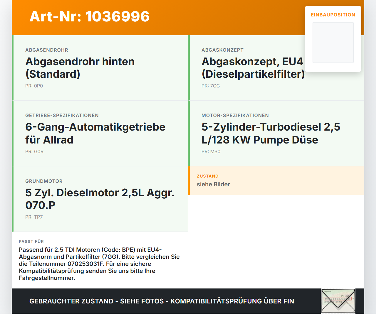 VW Touareg 7L 06-10 TDI 2,5 120KW BPE Abgaskrümmer VW Touareg 7L 06-10 18.05.2007 070253031F gebraucht Vorschau 3