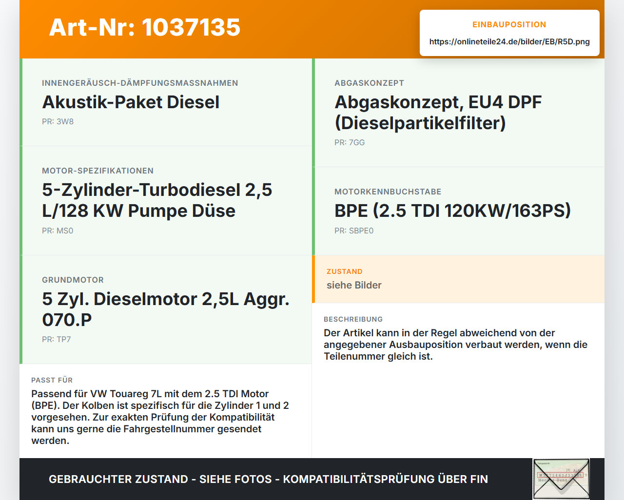 VW Touareg 7L 06-10 TDI 2,5 120KW BPE Kolben mit Pleuel Pos D 1,2 VW Touareg 7L 06-10 18.05.2007 070107065AM gebraucht Vorschau 3