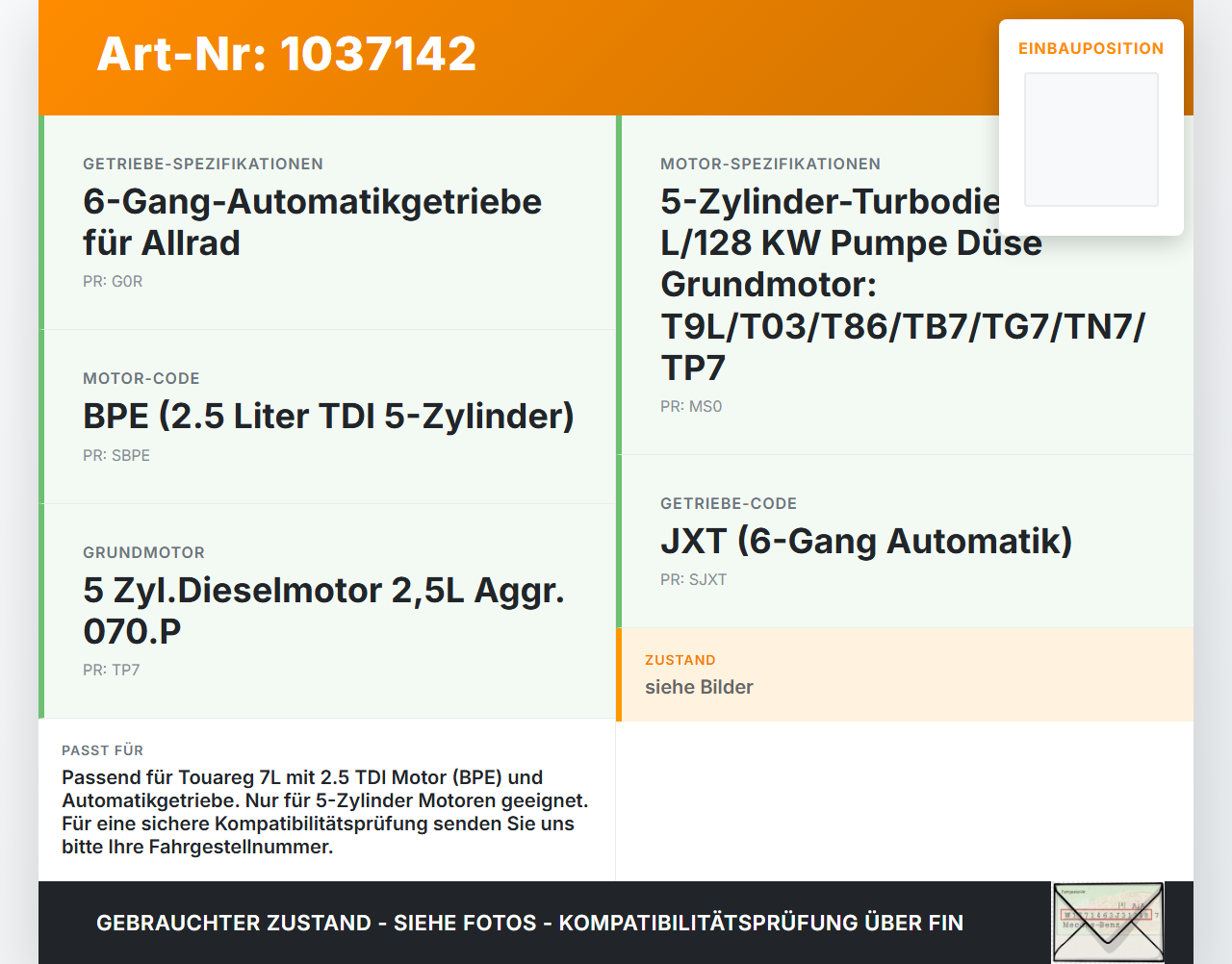 VW Touareg 7L 06-10 TDI 2,5 120KW BPE Kurbelwelle VW Touareg 7L 06-10 18.05.2007 070105019F gebraucht Vorschau 3