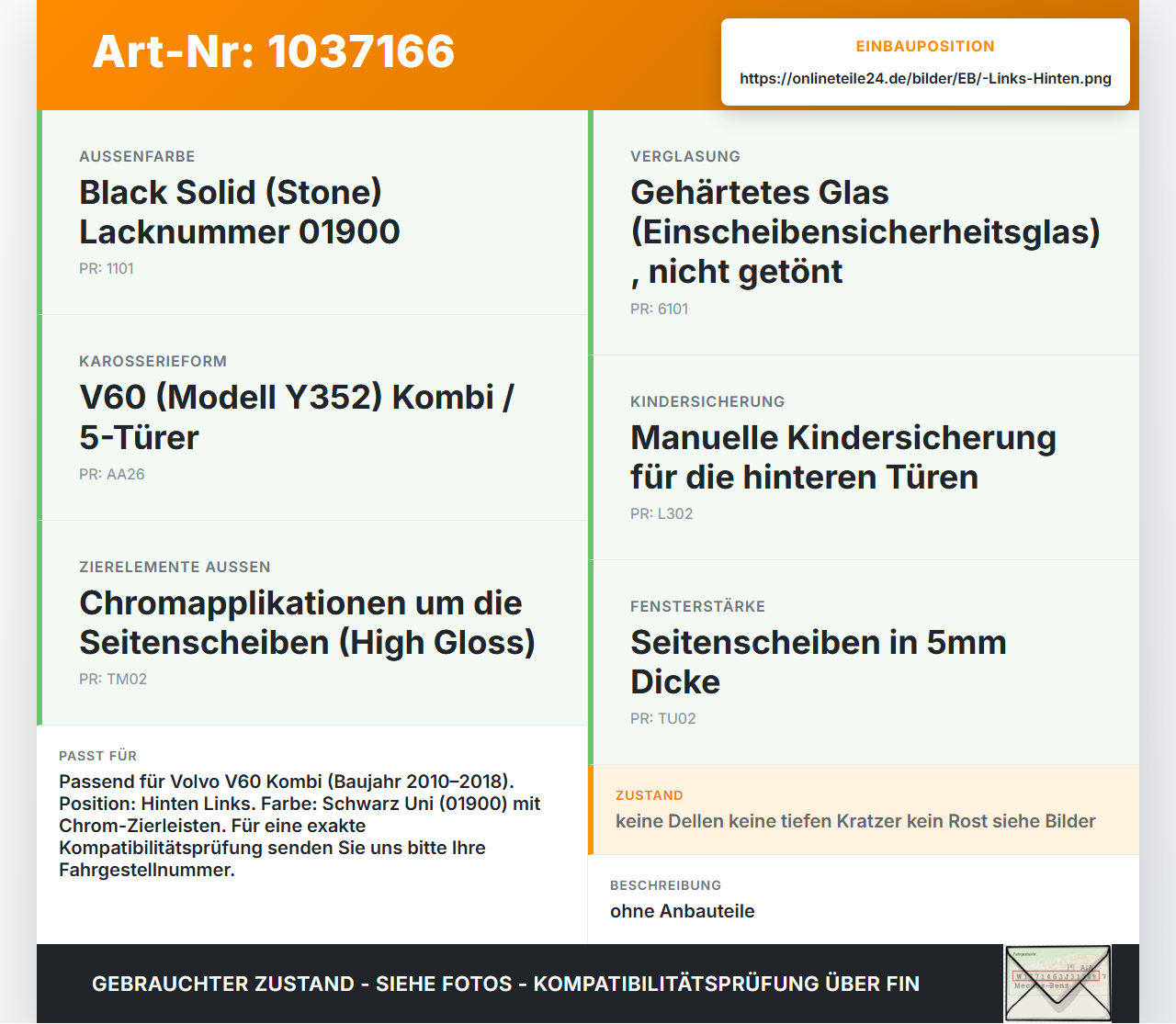 Volvo V60 D4 10-13 Kombi Tür Links Hinten 01900 Volvo V60 D4 10-13 24.03.2011 32228972 gebraucht Vorschau 3