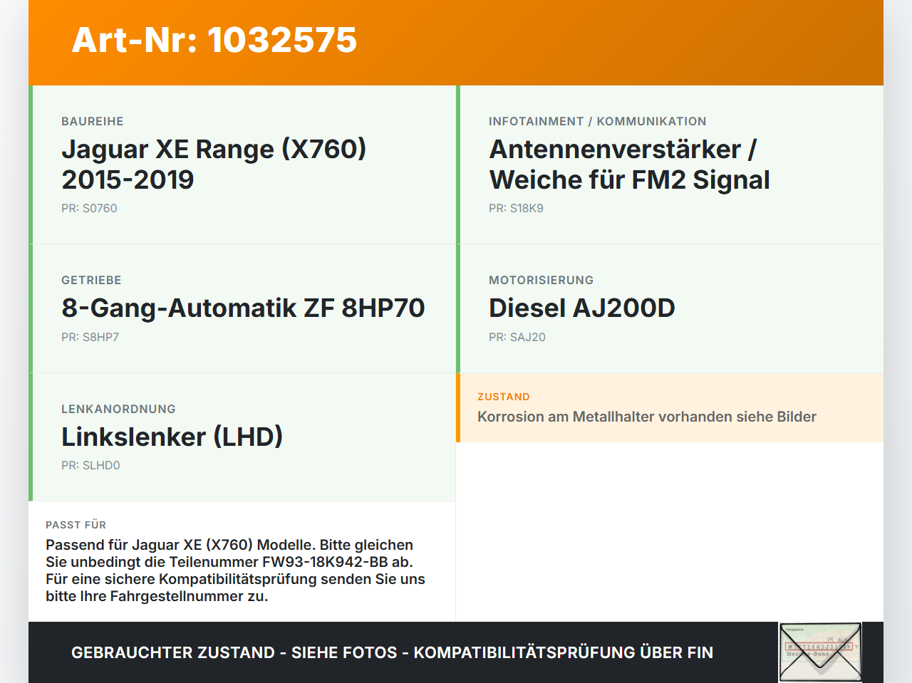 Jaguar XE X760 15-19 Antennenverstärker Weiche Antenne FM2 Jaguar XE X760 15-19 26.08.2018 FW93-18K942-BB gebraucht Vorschau 3