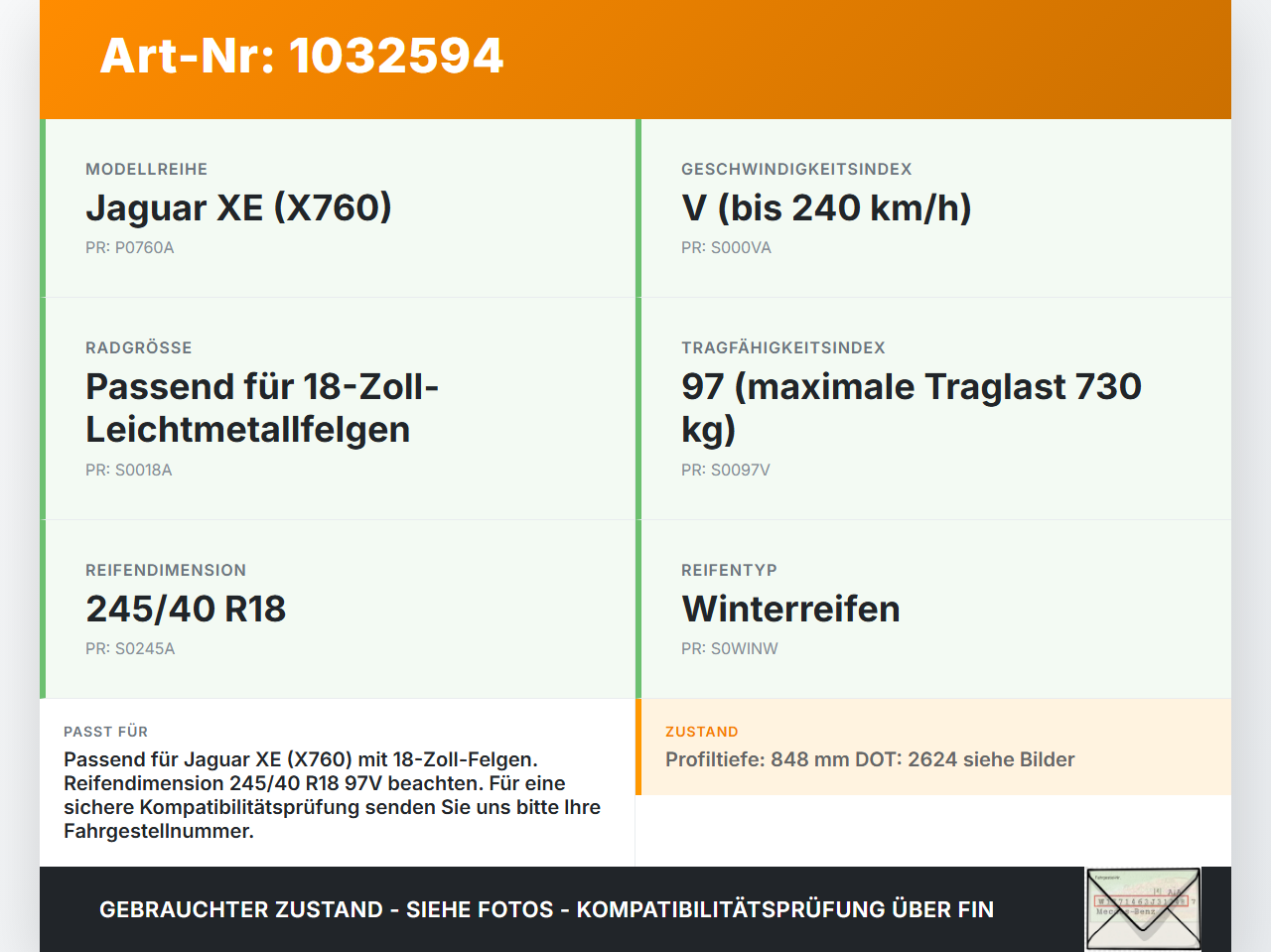 Jaguar XE X760 15-19 1x Reifen Winterreifen Austone 245/40R18 97V 8.48mm Jaguar XE X760 15-19 26.08.2018 gebraucht Vorschau 3