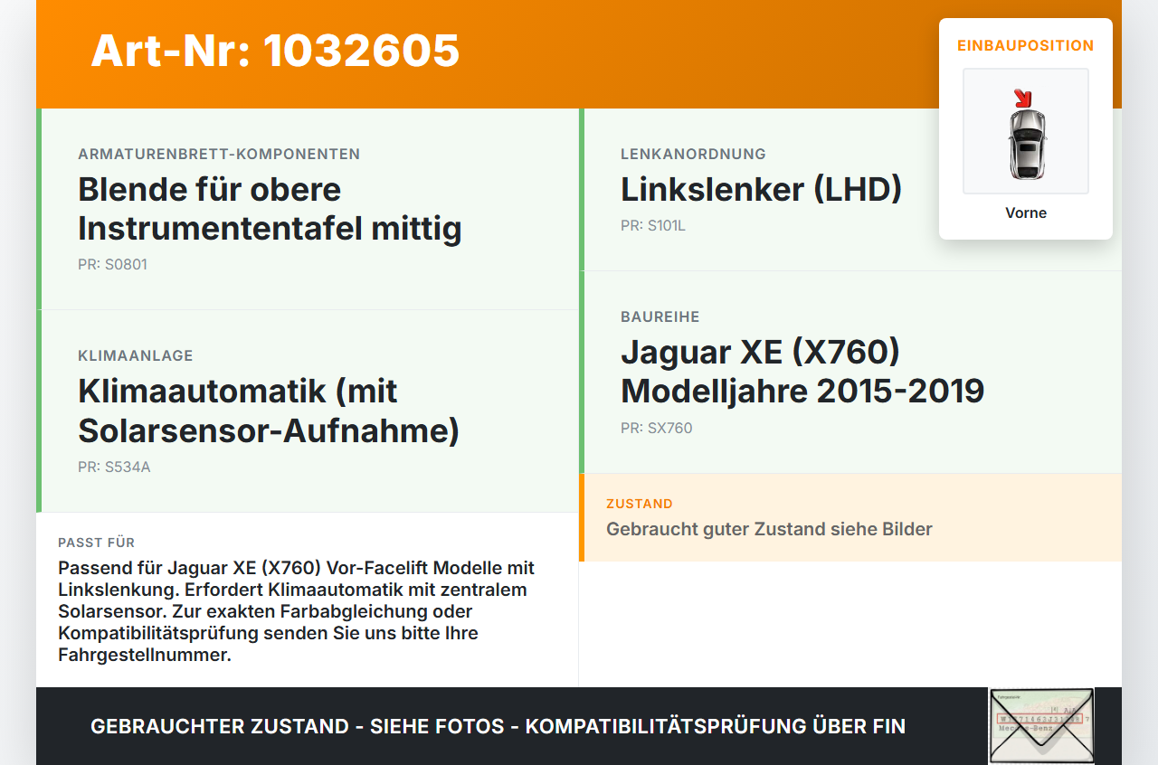 Jaguar XE X760 15-19 Blende für Armaturenbrett Abdeckung Vorne Mitte Solarsensor Jaguar XE X760 15-19 26.08.2018... Vorschau 3