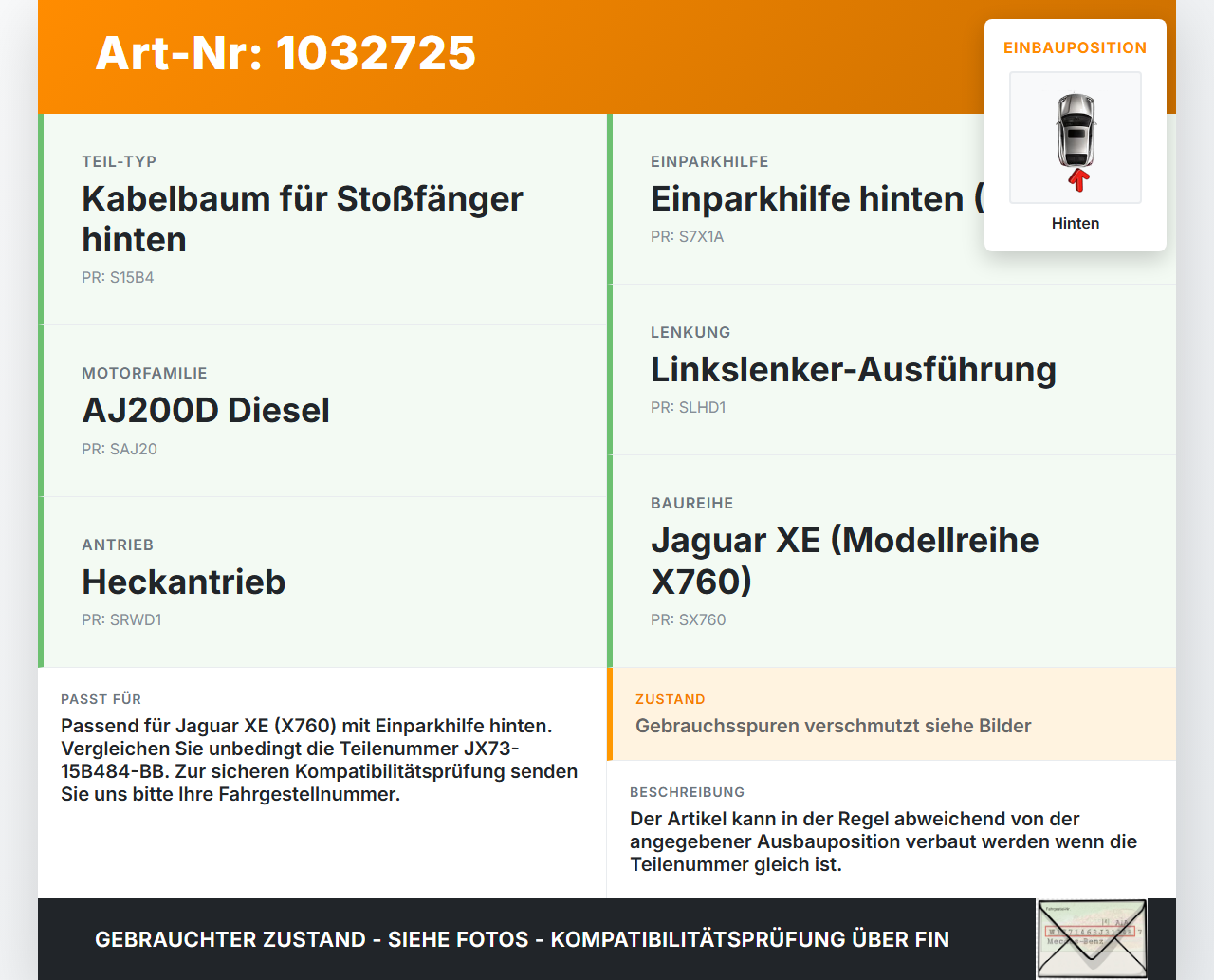 Jaguar XE X760 15-19 PDC Kabelbaum Pos.1 Hinten Jaguar XE X760 15-19 26.08.2018 JX73-15B484-BB 1-1718644-1 gebraucht Vorschau 3