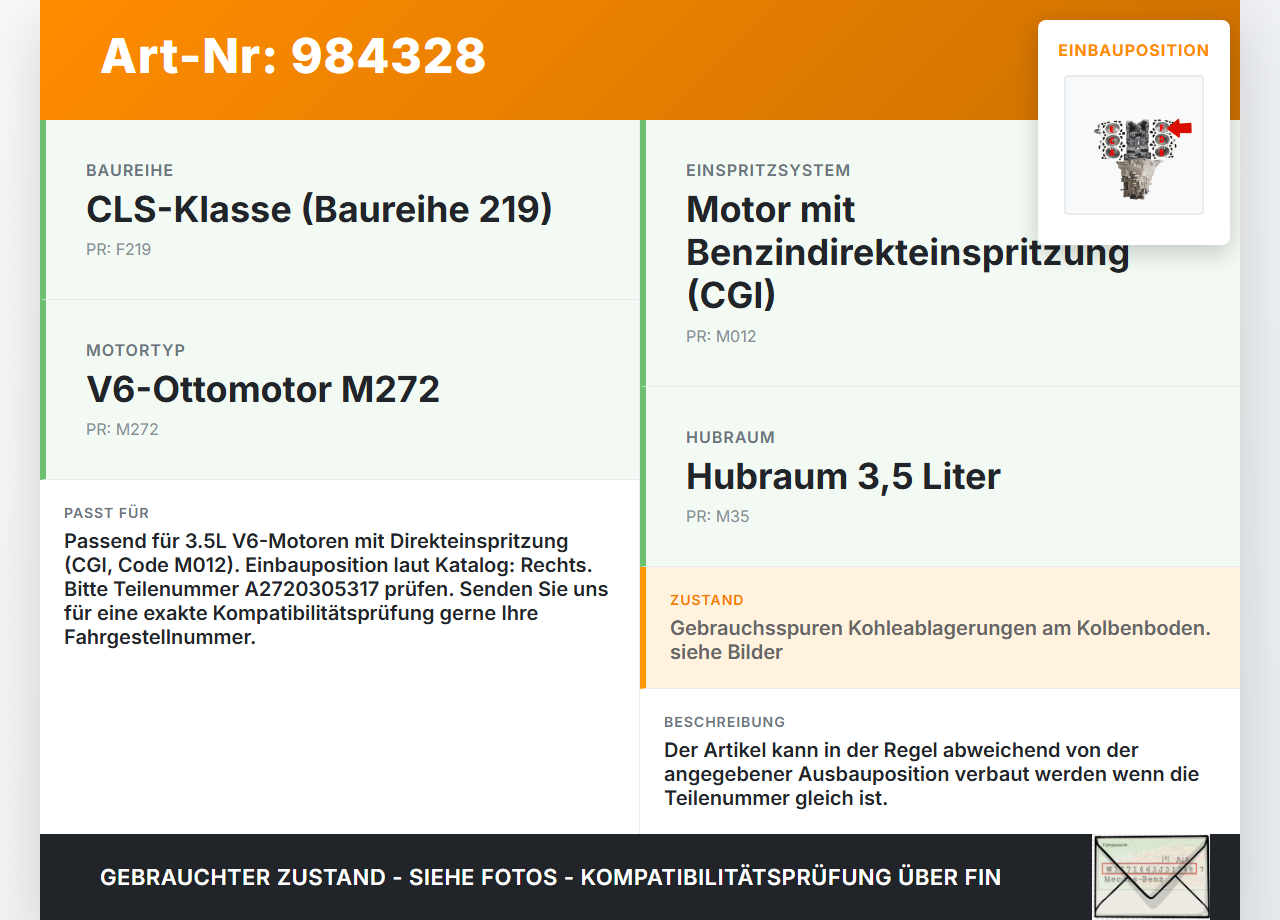 Mercedes C219 CLS 08-10 350 CGI 3,5  272985 Kolben mit Pleuel Pos F Mercedes C219 CLS 08-10 19.11.2009 A2720305317... Vorschau 3