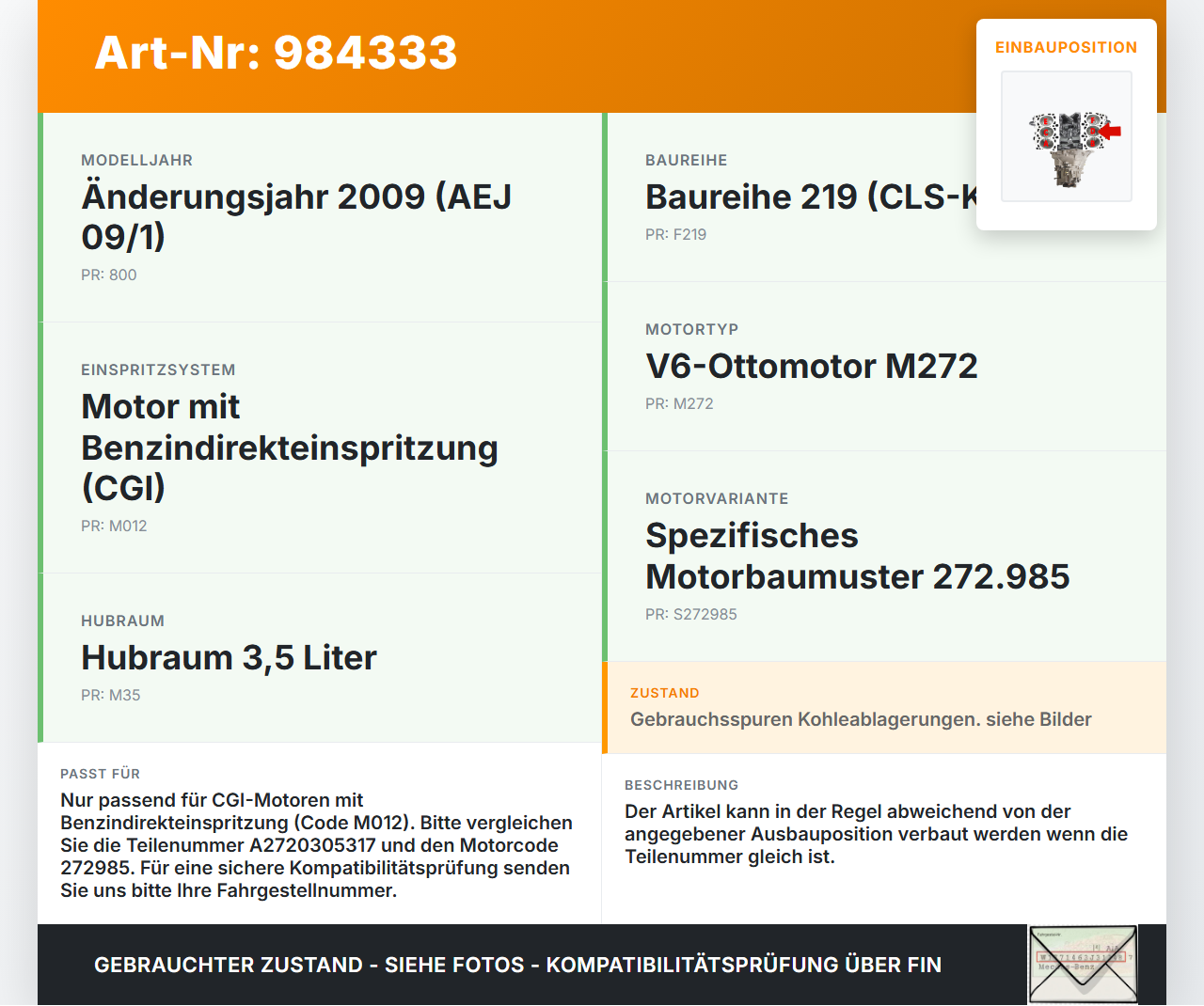 Mercedes C219 CLS 08-10 350 CGI 3,5  272985 Kolben mit Pleuel Pos D Mercedes C219 CLS 08-10 19.11.2009 A2720305317... Vorschau 3