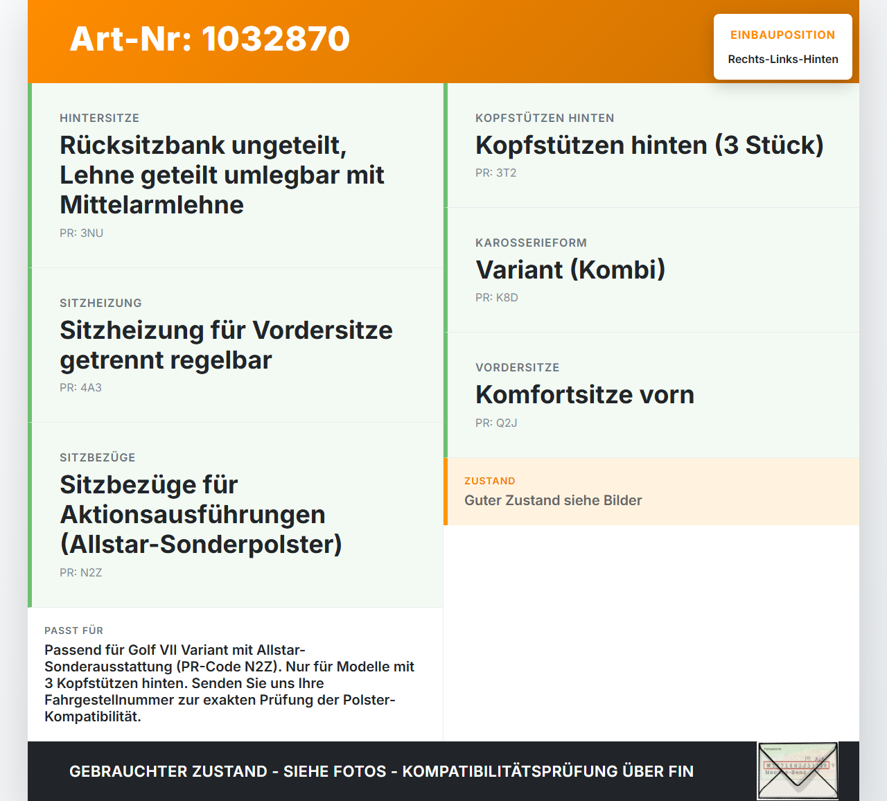 VW Golf VII 7 Variant 13-17 Kopfstütze Rechts oder Links Hinten VW Golf VII 7 Variant 13-17 09.05.2016 5G0885901AC... Vorschau 3