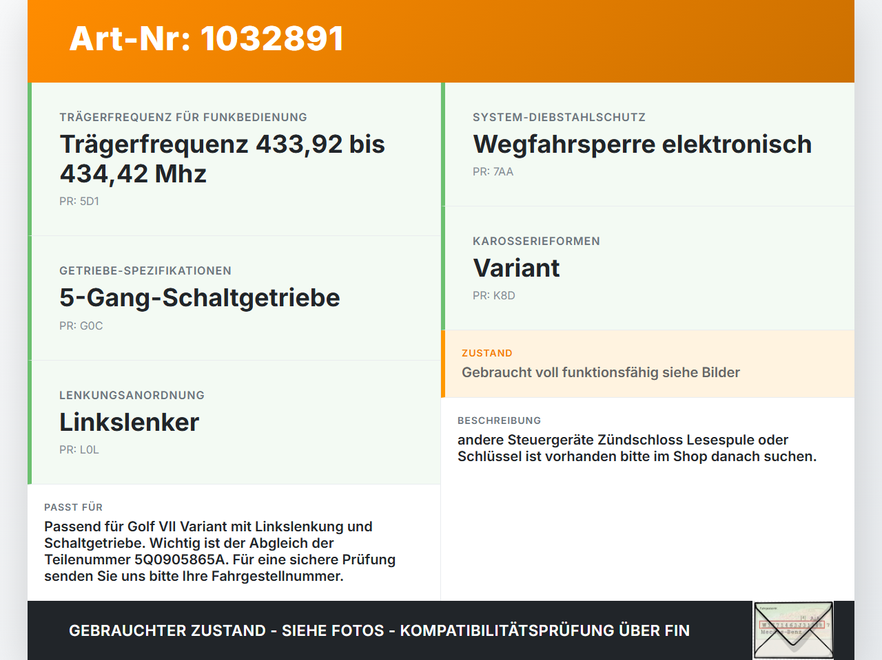 VW Golf VII 7 Variant 13-17 TDI 1,6 81KW Wegfahrsperre ECU Steuergerät VW Golf VII 7 Variant 13-17 09.05.2016... Vorschau 3