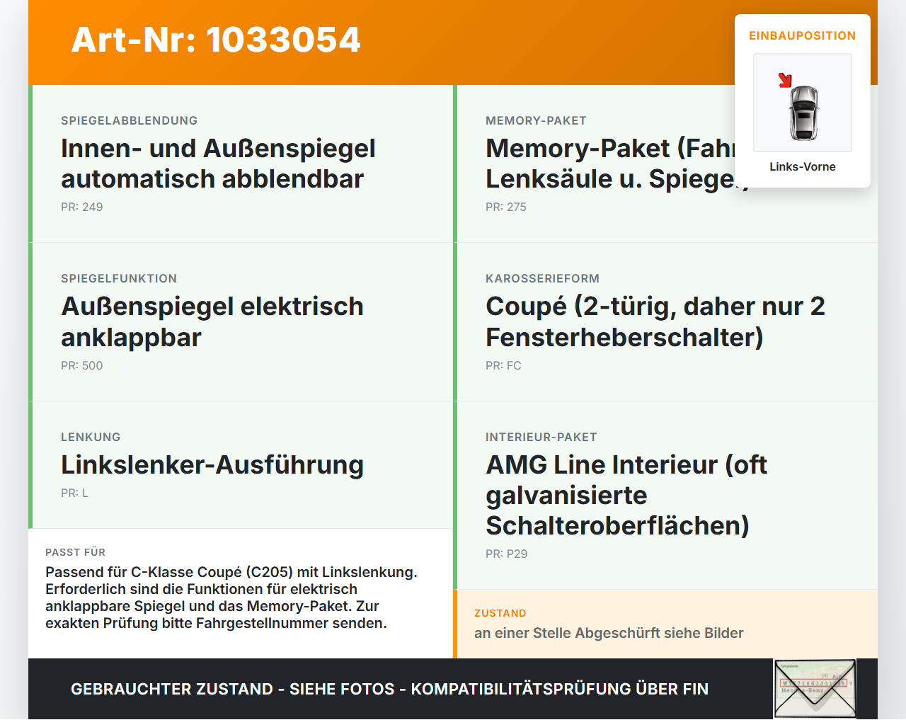 Mercedes C205 C400 15-18 Coupe Fensterheberschalter Spiegelverstellung Links Vorne Mercedes C205 C400 15-18... Vorschau 3