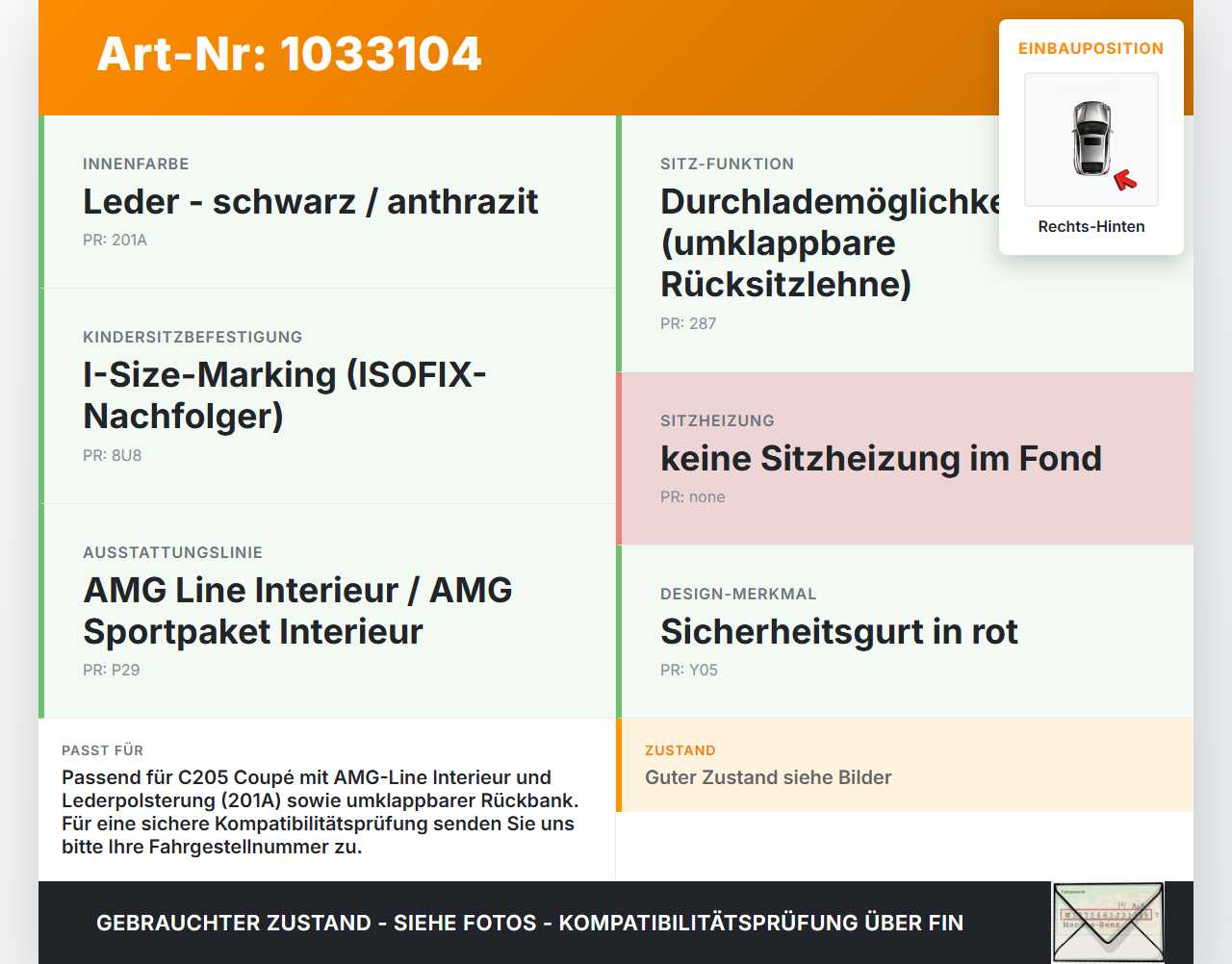 Mercedes C205 C400 15-18 Coupe Sitzbezug Rückenpolster Rechts für Rücksitzbank Hinten Mercedes C205 C400 15-18... Vorschau 3