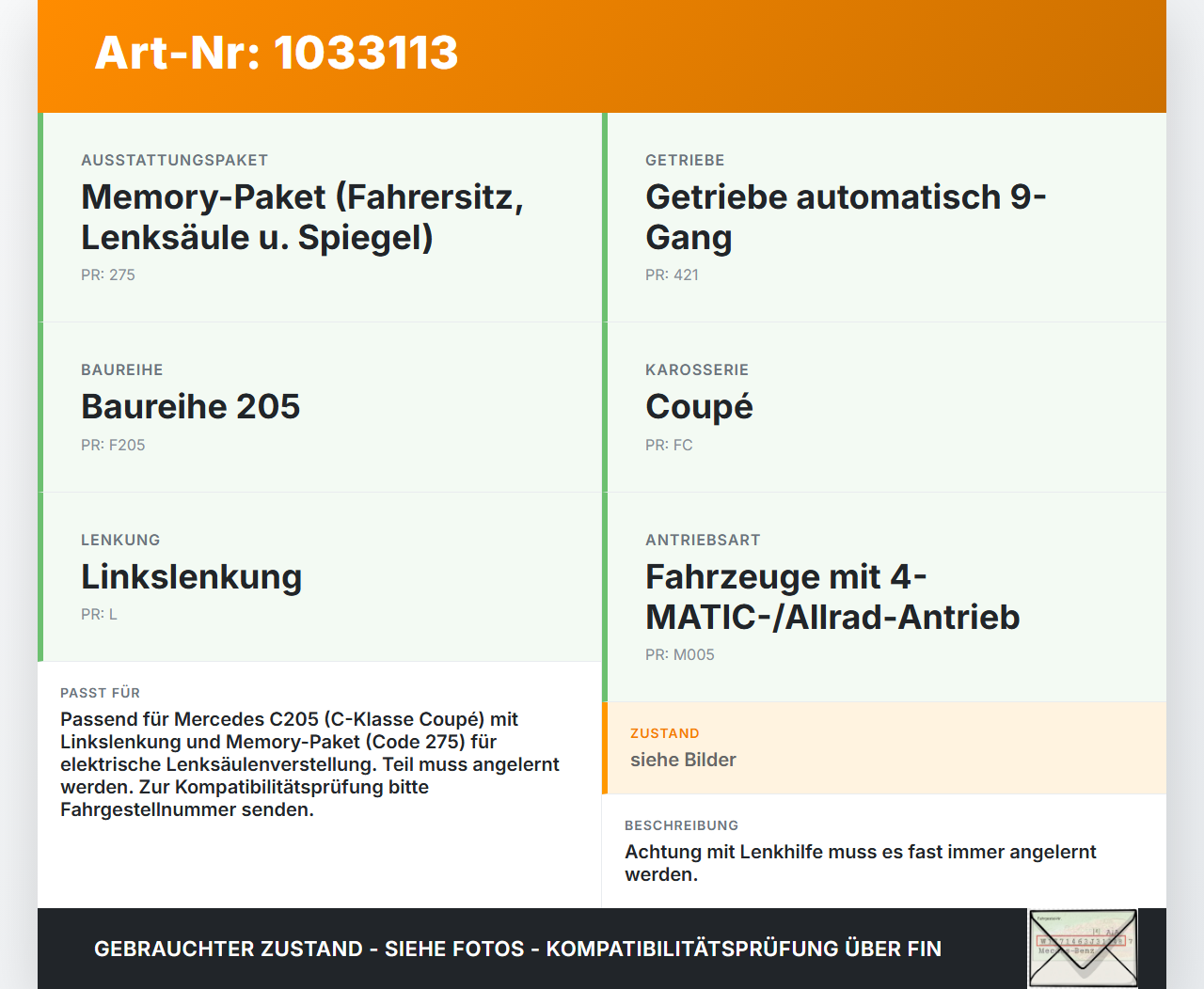 Mercedes C205 C400 15-18 Lenkhilfe Lenksäule elektrisch Mercedes C205 C400 15-18 04.05.2017 A2054603816 gebraucht Vorschau 3