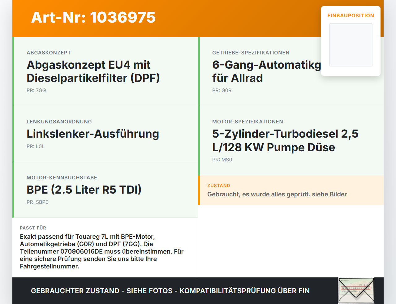 VW Touareg 7L 06-10 Motorsteuergerät ECU Diesel EDC16U31 VW Touareg 7L 06-10 18.05.2007 070906016DE 0281013302 gebraucht Vorschau 3