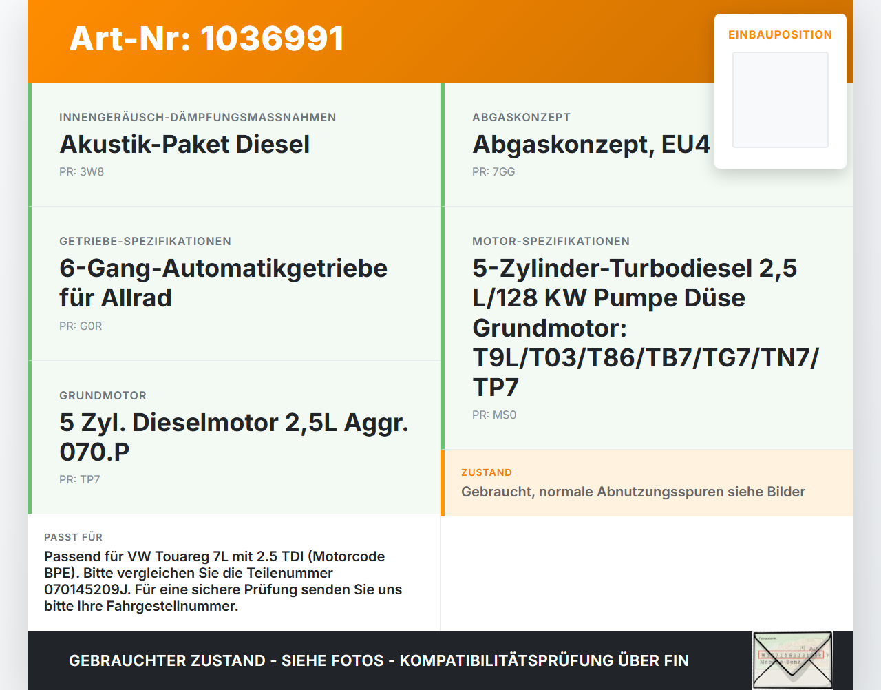 VW Touareg 7L 06-10 TDI 2,5 120KW BPE Unterdruckpumpe Vakuumpumpe VW Touareg 7L 06-10 18.05.2007 070145209J gebraucht Vorschau 3