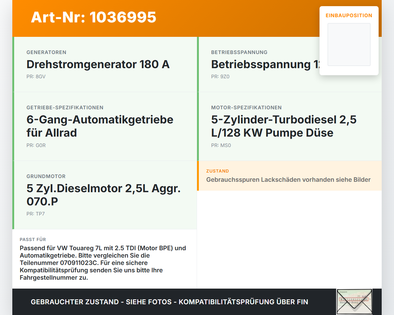 VW Touareg 7L 06-10 TDI 2,5 120KW Autom Anlasser Starter VW Touareg 7L 06-10 18.05.2007 070911023C SS0052 gebraucht Vorschau 3
