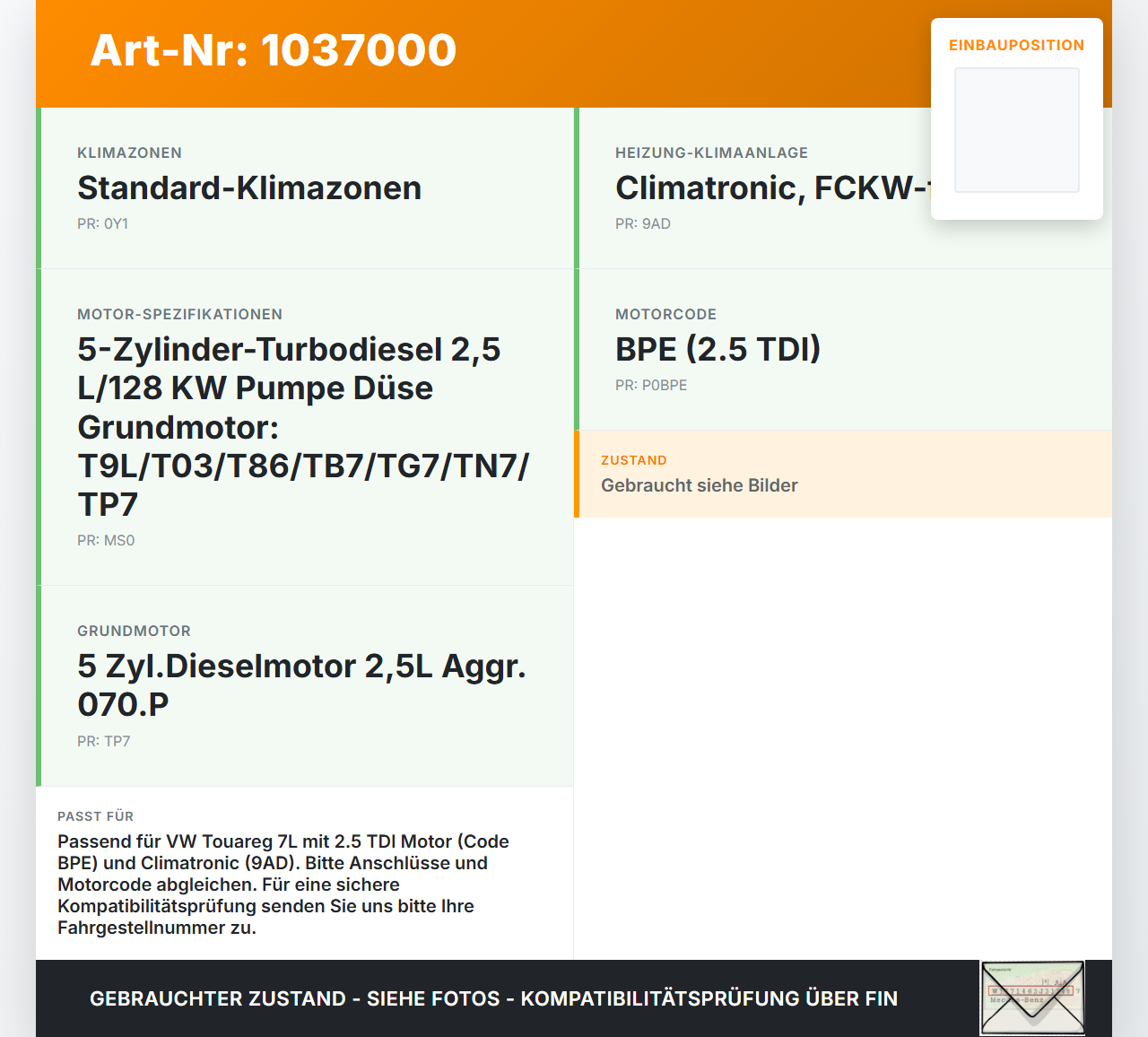 VW Touareg 7L 06-10 TDI 2,5 120KW Klimakompressor Klima Kompressor VW Touareg 7L 06-10 18.05.2007 7H0820805J... Vorschau 3