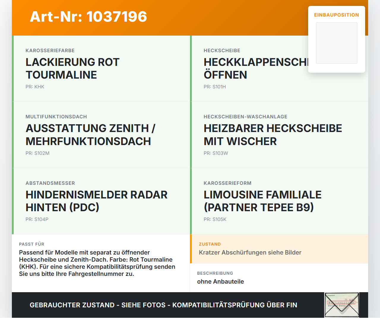 Peugeot Partner Tepee 08-12 Heckklappe Kofferraumdeckel KHK Peugeot Partner Tepee 08-12 07.06.2011 8701Y7 gebraucht Vorschau 3
