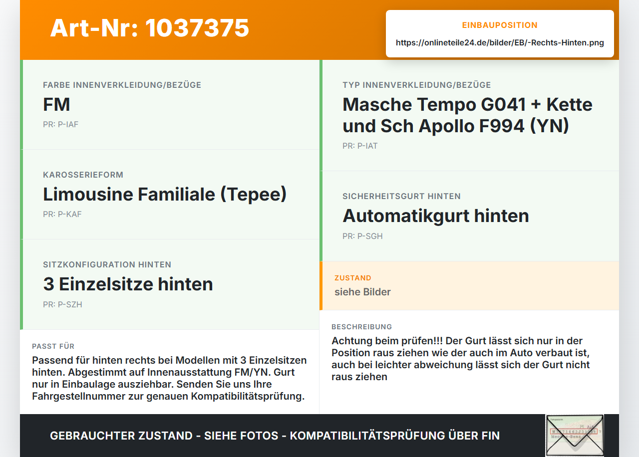Peugeot Partner Tepee 08-12 Gurt Sicherheitsgurt Rechts Hinten Peugeot Partner Tepee 08-12 07.06.2011 8975W3... Vorschau 3