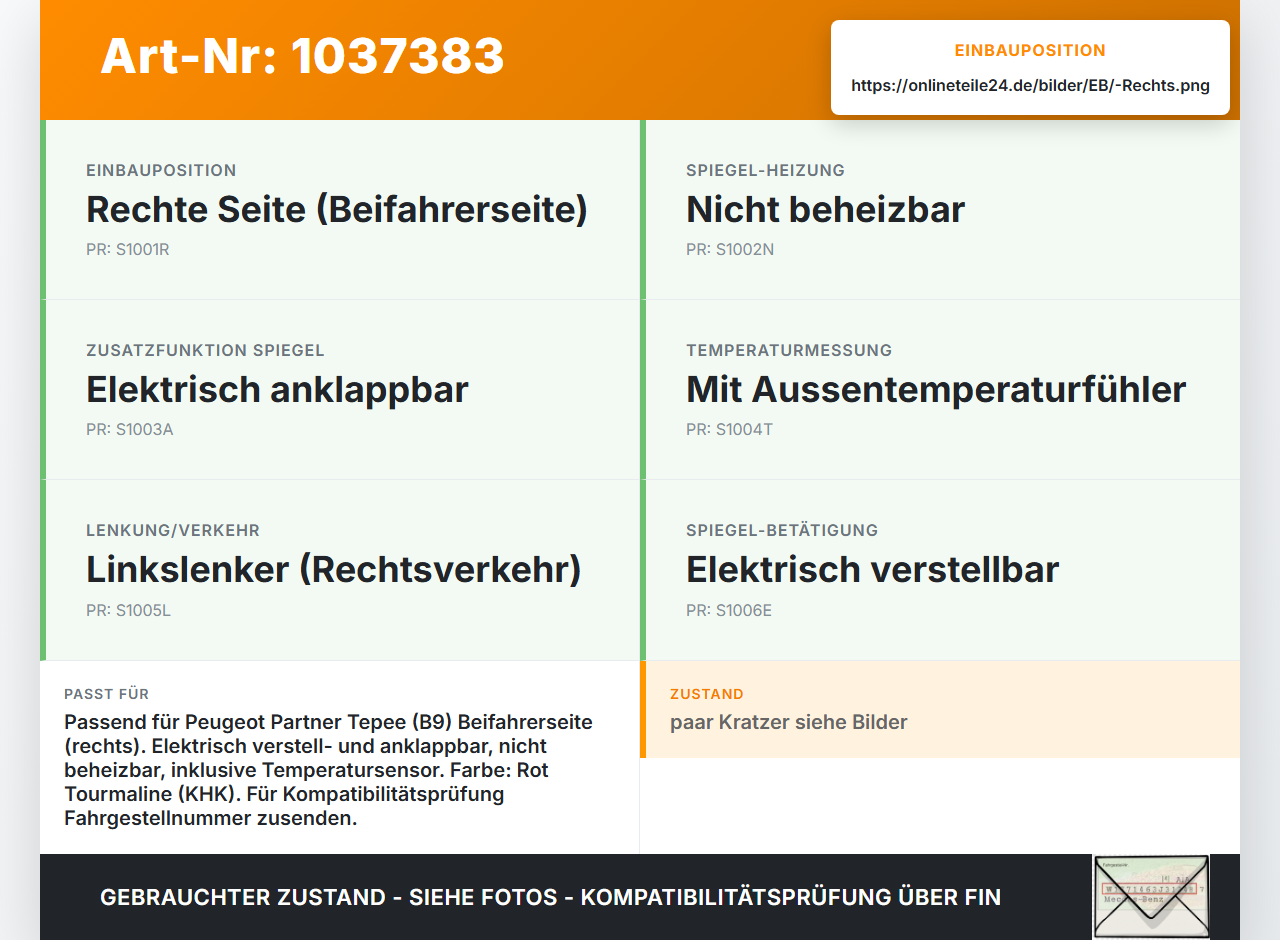 Peugeot Partner Tepee 08-12 Spiegel Aussenspiegel Rechts KHK Peugeot Partner Tepee 08-12 07.06.2011 8153TV gebraucht Vorschau 3