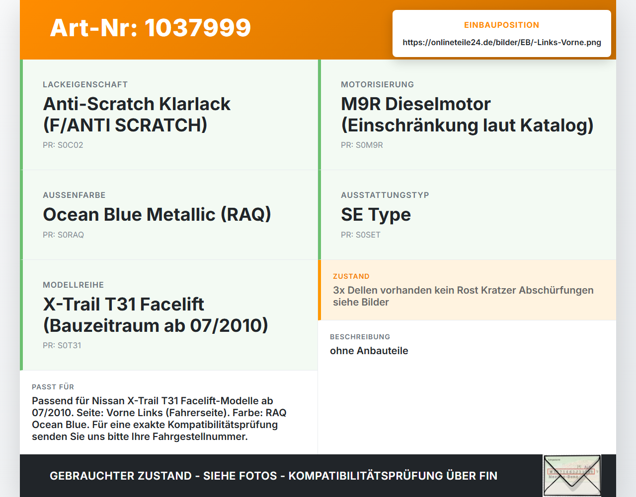 Nissan X-Trail T31 10-14 Tür Fahrertür Links Vorne RAQ Nissan X-Trail T31 10-14 21.09.2011 H0101JG4MM gebraucht Vorschau 3