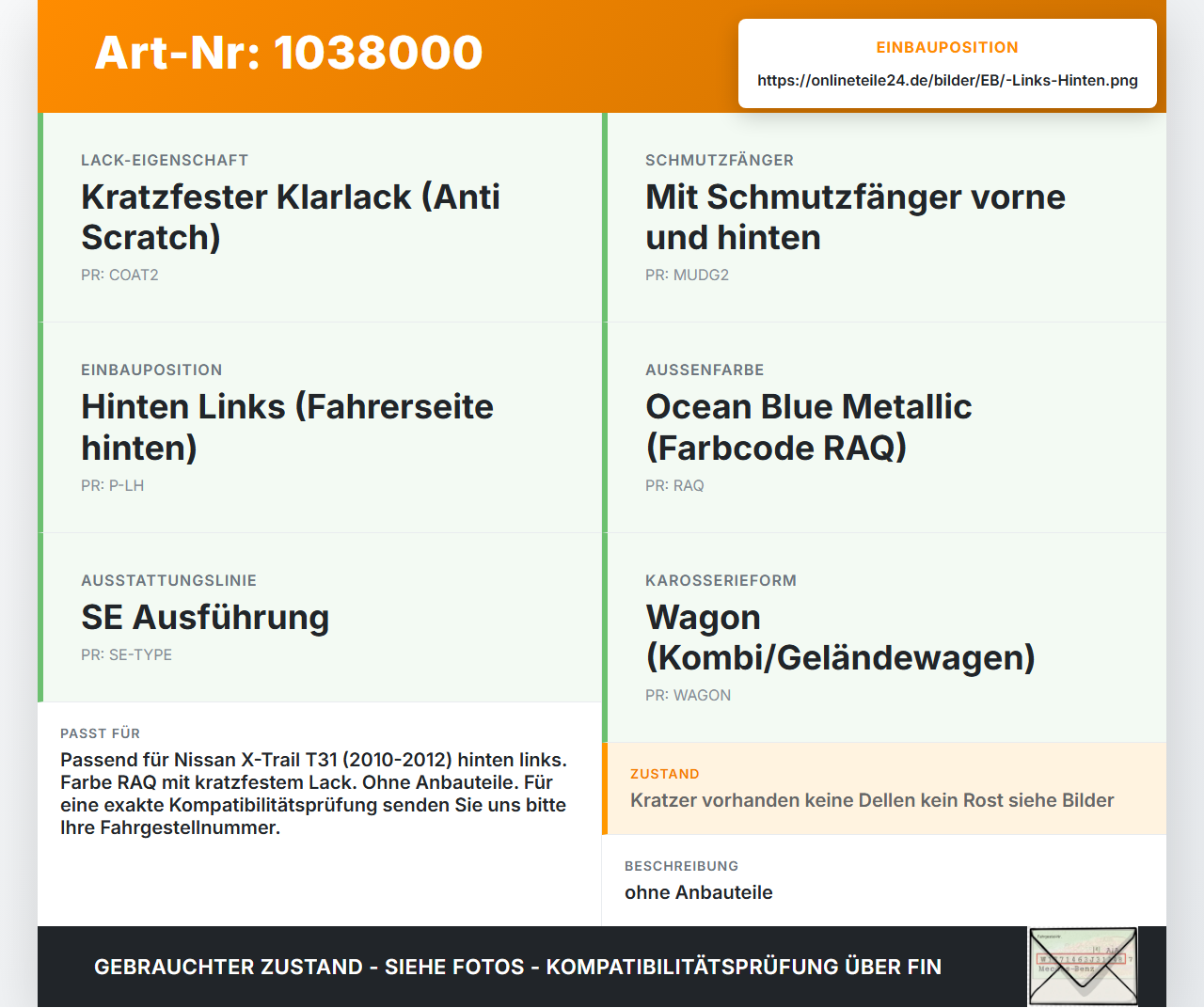 Nissan X-Trail T31 10-14 Tür Schlagtür Links Hinten RAQ Nissan X-Trail T31 10-14 21.09.2011 H210AJG0MA gebraucht Vorschau 3