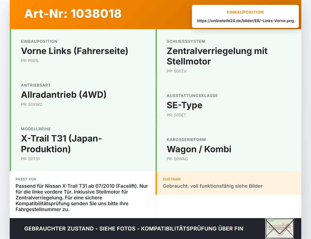 Nissan X-Trail T31 10-14 Türschloss m. ZV Stellmotor Links Vorne Nissan X-Trail T31 10-14 21.09.2011 80501JG40A... Vorschau 3