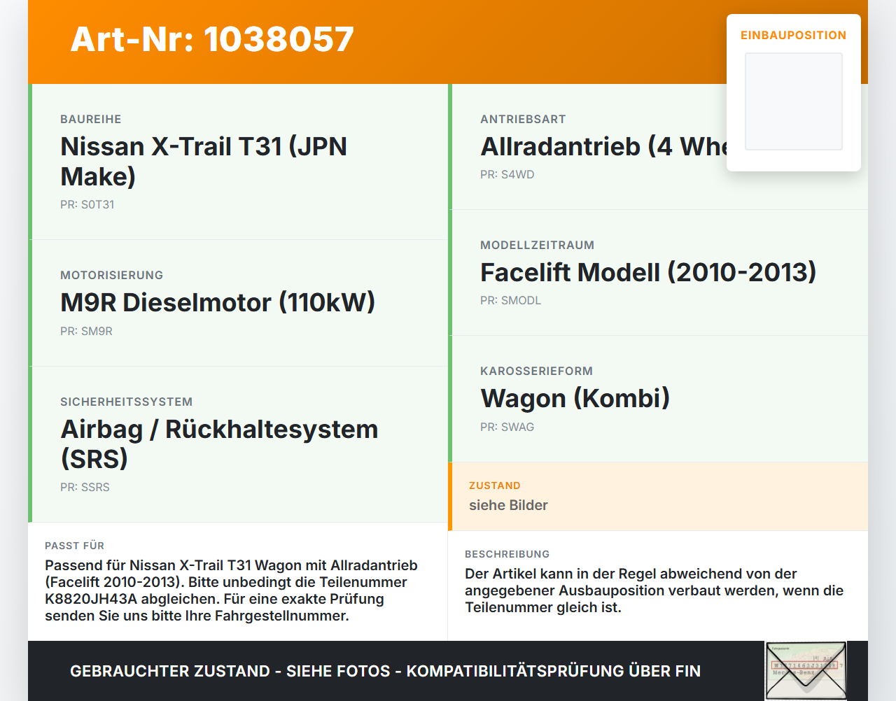 Nissan X-Trail T31 10-14 Sensor für Airbag Crashsensor Airbagsensor Nissan X-Trail T31 10-14 21.09.2011 K8820JH43A... Vorschau 3