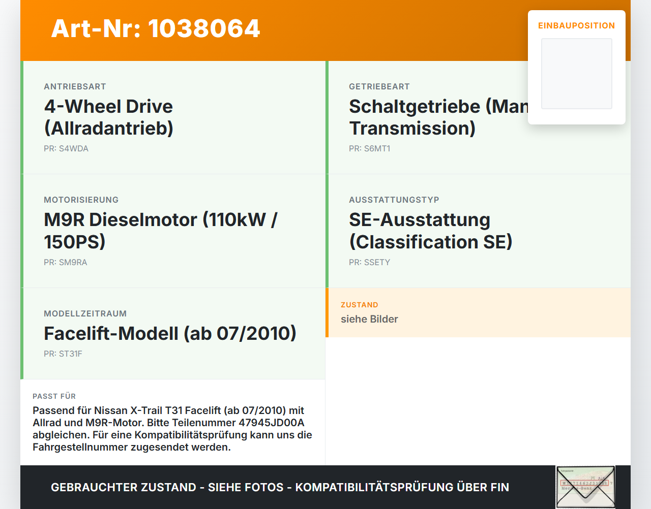 Nissan X-Trail T31 10-14 Lenkwinkelsensor Nissan X-Trail T31 10-14 21.09.2011 47945JD00A 0265005545 gebraucht Vorschau 3