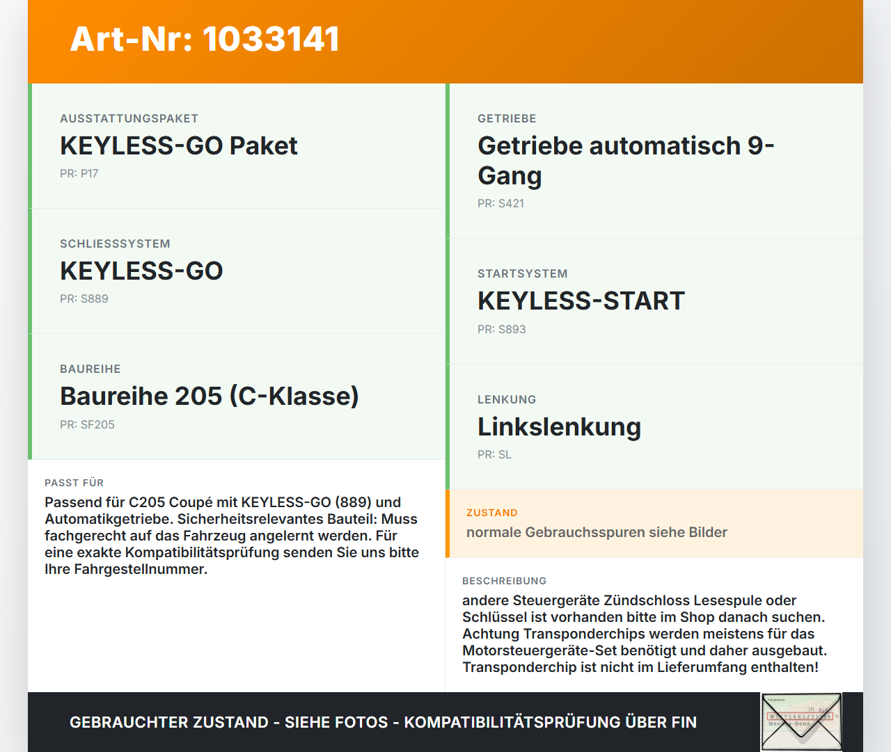 Mercedes C205 C400 15-18 Zündschloss EZS mit 2x Funkschlüssel Mercedes C205 C400 15-18 04.05.2017 A2229009911... Vorschau 3