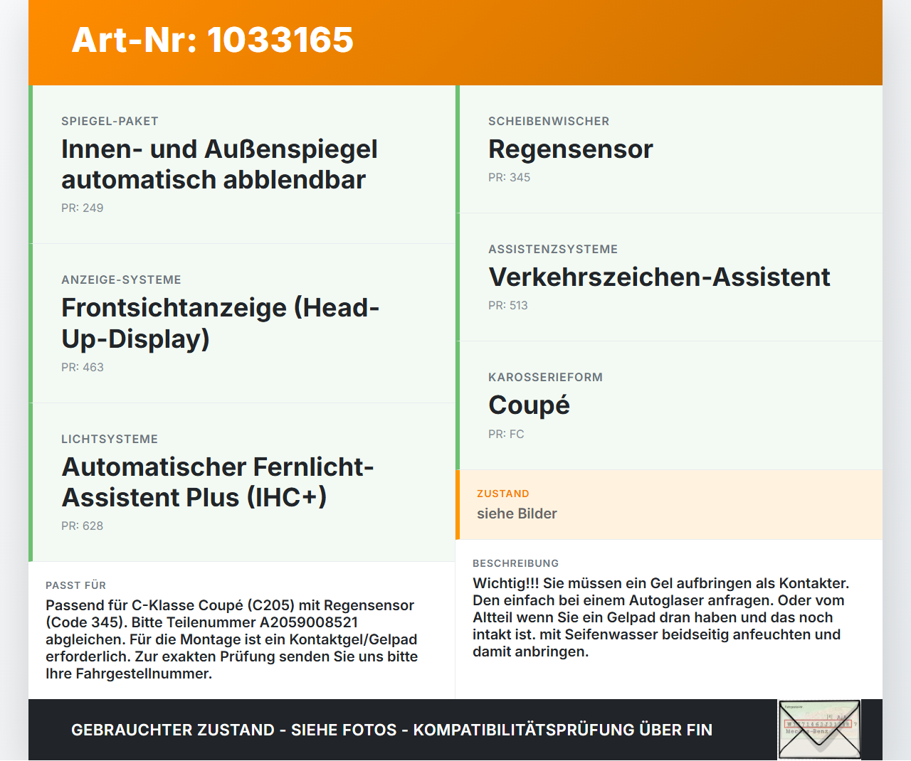Mercedes C205 C400 15-18 Regensensor Mercedes C205 C400 15-18 04.05.2017 A2059008521 1013635700 gebraucht Vorschau 3