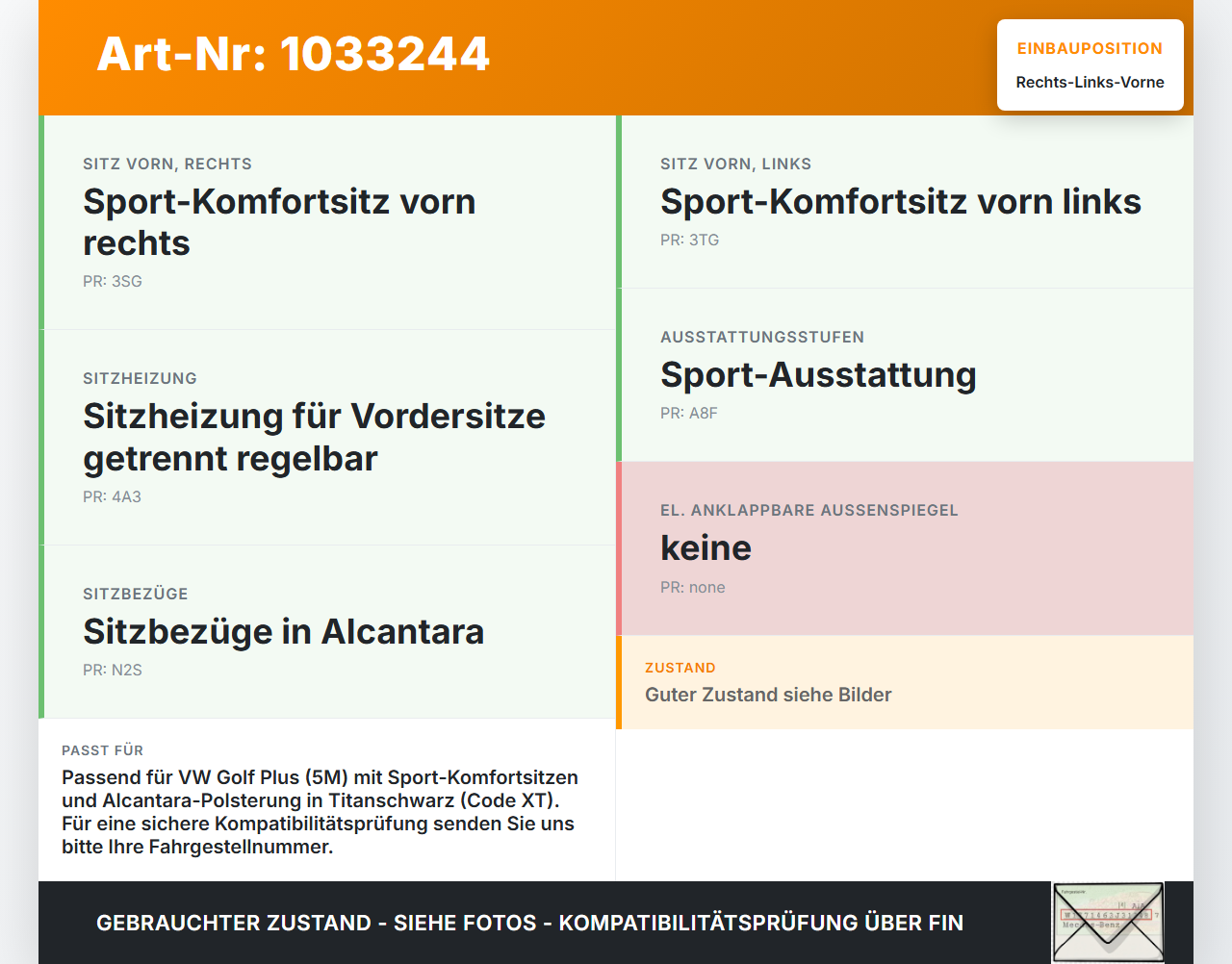VW Golf Plus 5M 08-14 Kopfstütze für Beifahrer Sitz Rechts oder Links Vorne VW Golf Plus 5M 08-14 24.07.2009... Vorschau 3