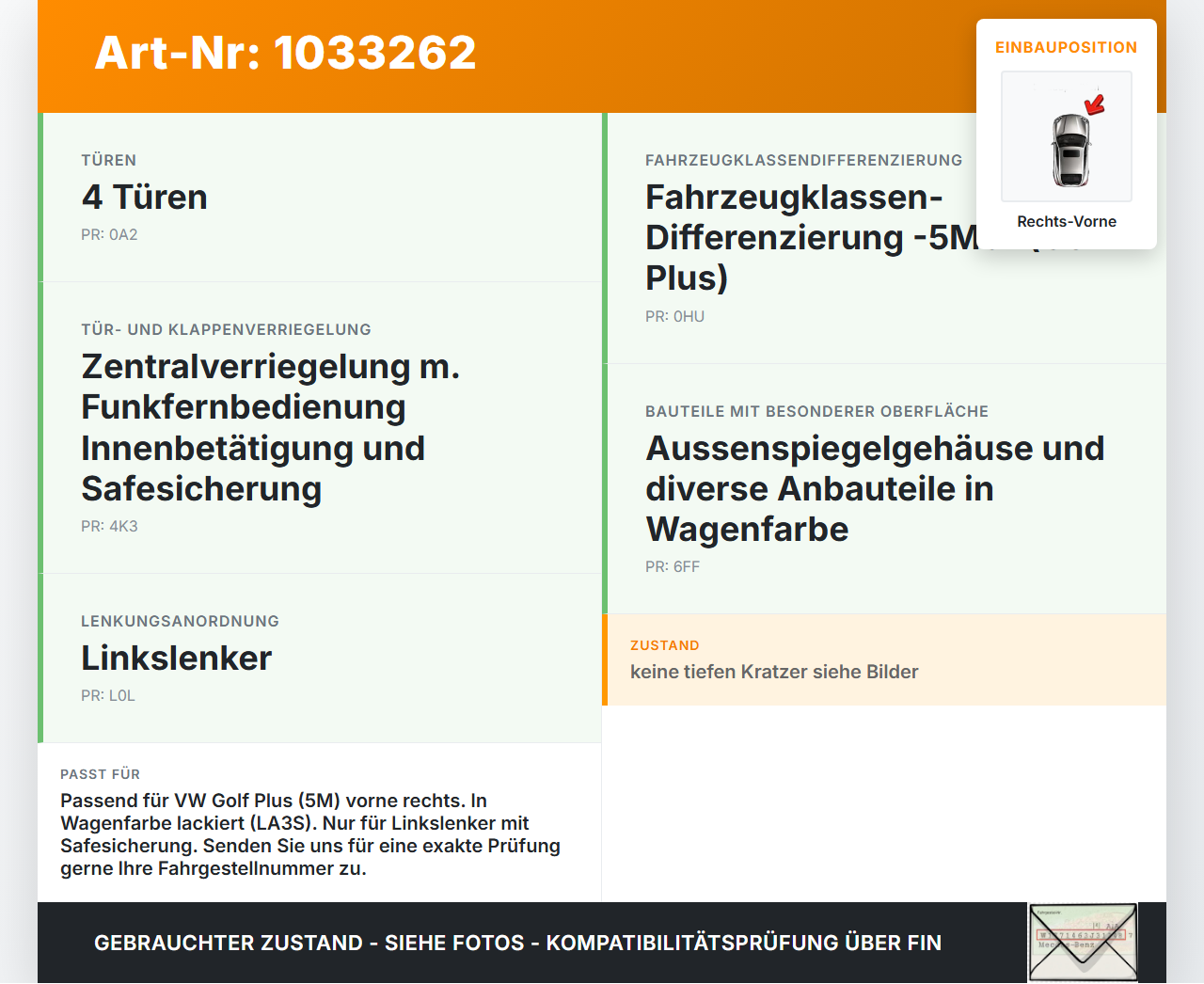VW Golf Plus 5M 08-14 Türgriff Griff aussen Rechts Vorne LA3S VW Golf Plus 5M 08-14 24.07.2009 1K0837206G gebraucht Vorschau 3