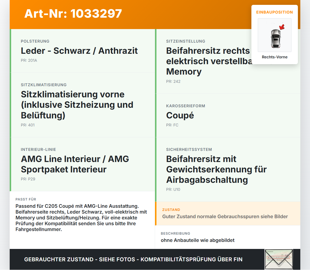 Mercedes C205 C400 15-18 Coupe Beheizt Sitz Beifahrersitz Vorne Rechts Mercedes C205 C400 15-18 04.05.2017 gebraucht Vorschau 3