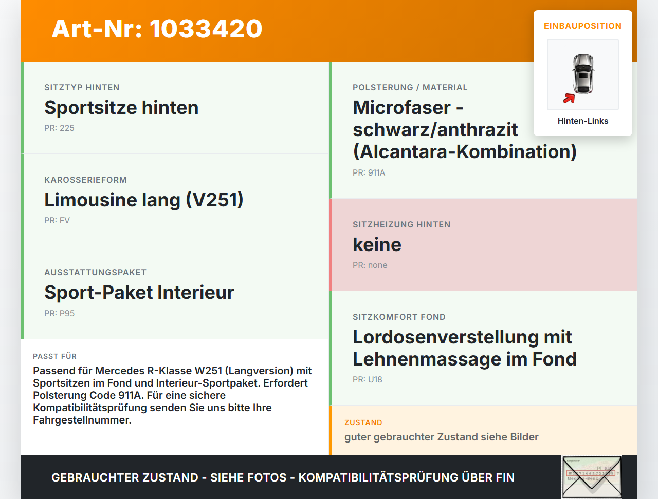 Mercedes W251 R350 10-13  Lang Sitzpolster Sitzbezug Leder Alcantara Hinten Links Mercedes W251 R350 10-13... Vorschau 3