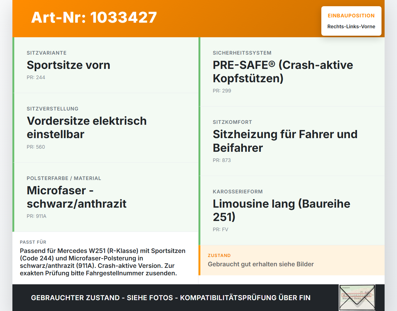 Mercedes W251 R350 10-13  Lang Kopfstütze für Beifahrer Sitz Rechts oder Links Vorne Crash Aktiv Mercedes W251 R350... Vorschau 3