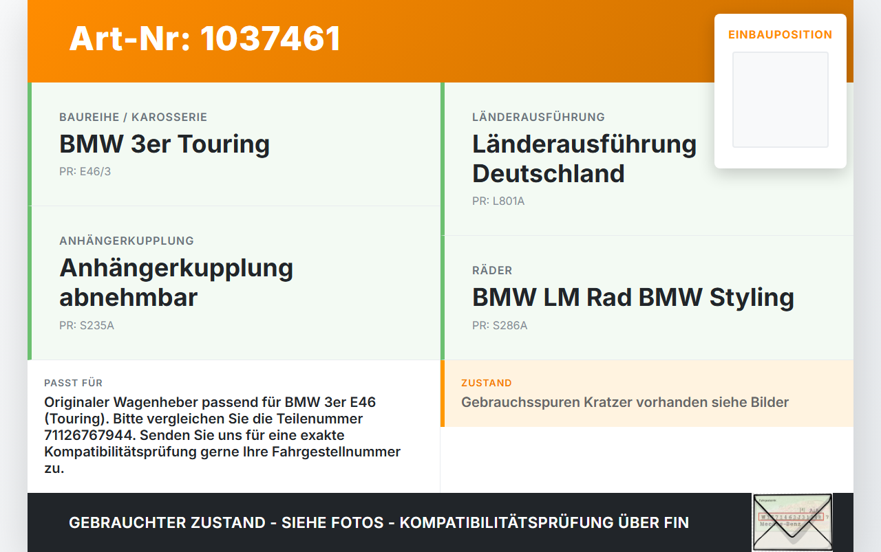 BMW 3er E46 99-01 Wagenheber BMW 3er E46 99-01 10.07.2000 6767944 71126767944 1095405 gebraucht Vorschau 3