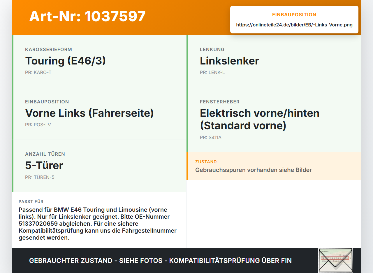 BMW 3er E46 99-01 Kombi Fensterhebermotor mit Fensterheber Links Vorne BMW 3er E46 99-01 10.07.2000 7020659... Vorschau 3