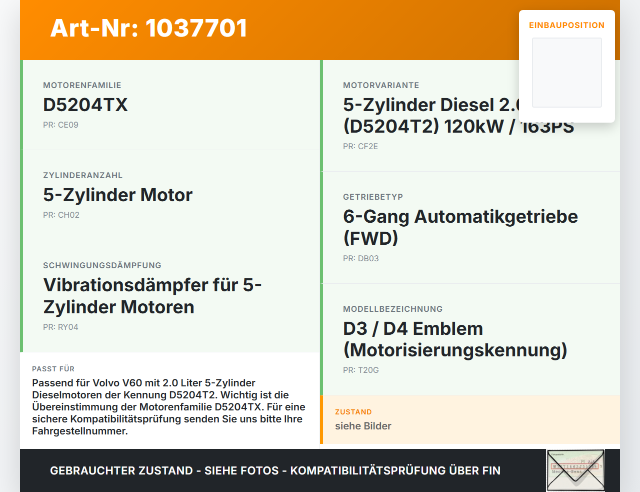 Volvo V60 D4 10-13 2,0d 120KW D5204T2 Kurbelwelle Volvo V60 D4 10-13 24.03.2011 9125670 gebraucht Vorschau 3